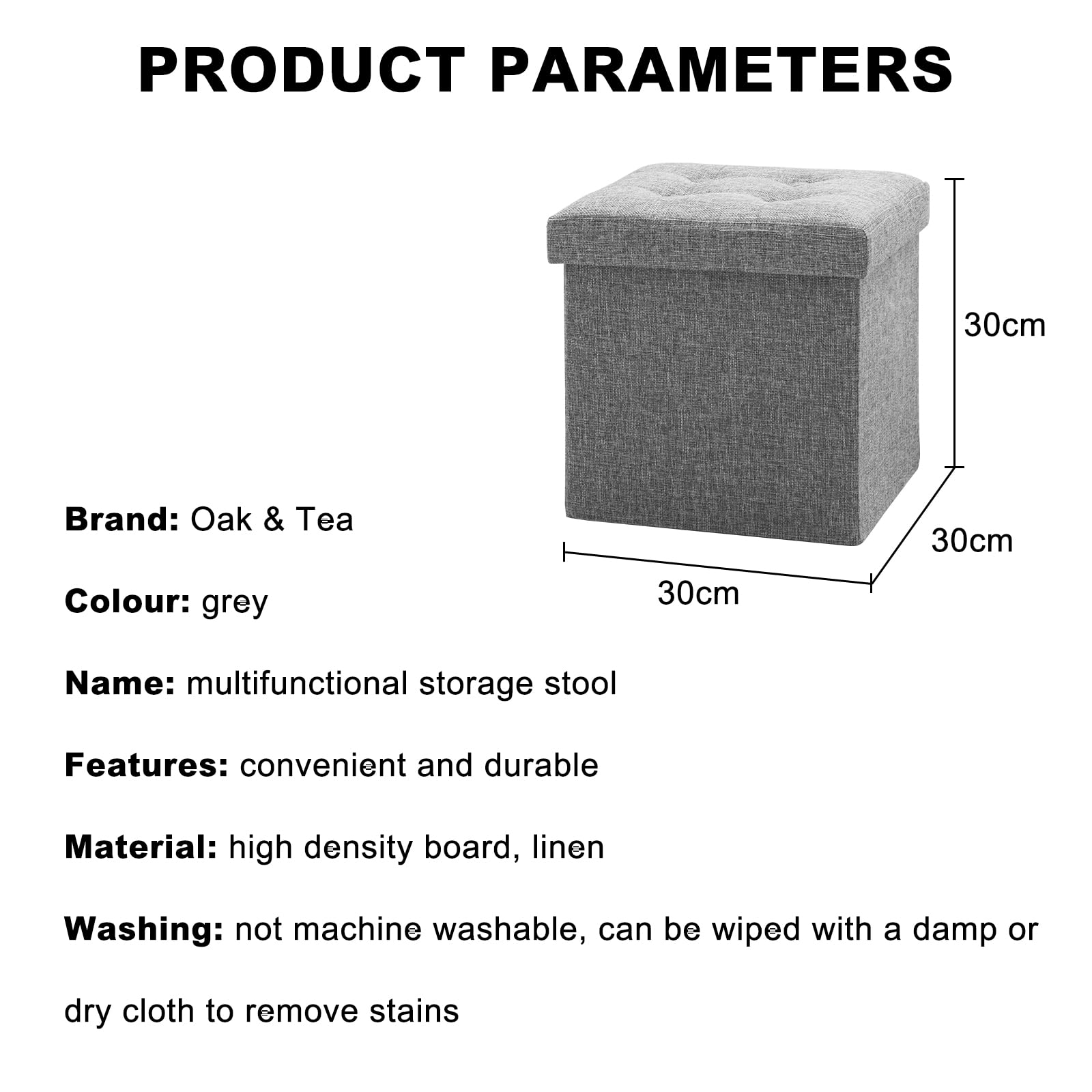 Oak & Tea Storage Ottoman Bench - Foldable, Padded Seat | Grey Linen | 30x30x30 cm 2