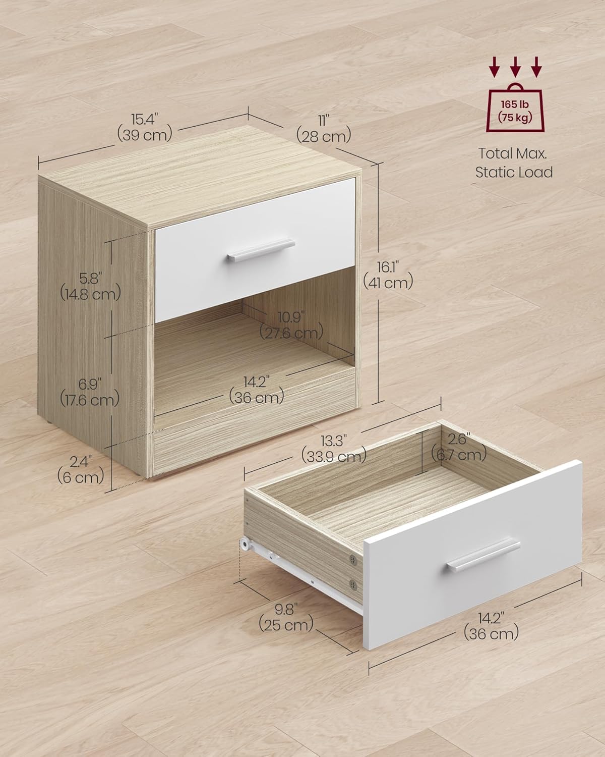 VASAGLE Bedside Table - Modern Look | Drawer & Open Compartment | 39x28x41 cm 6