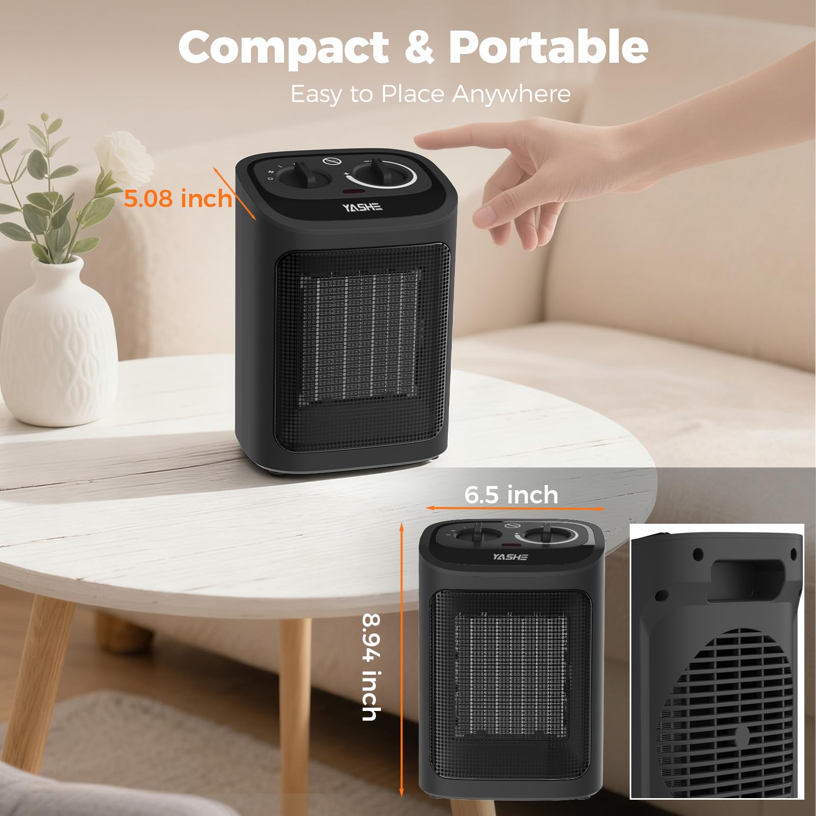 YASHE Electric Heater 1500W PTC Ceramic Heating Element with Thermostat | Black 8