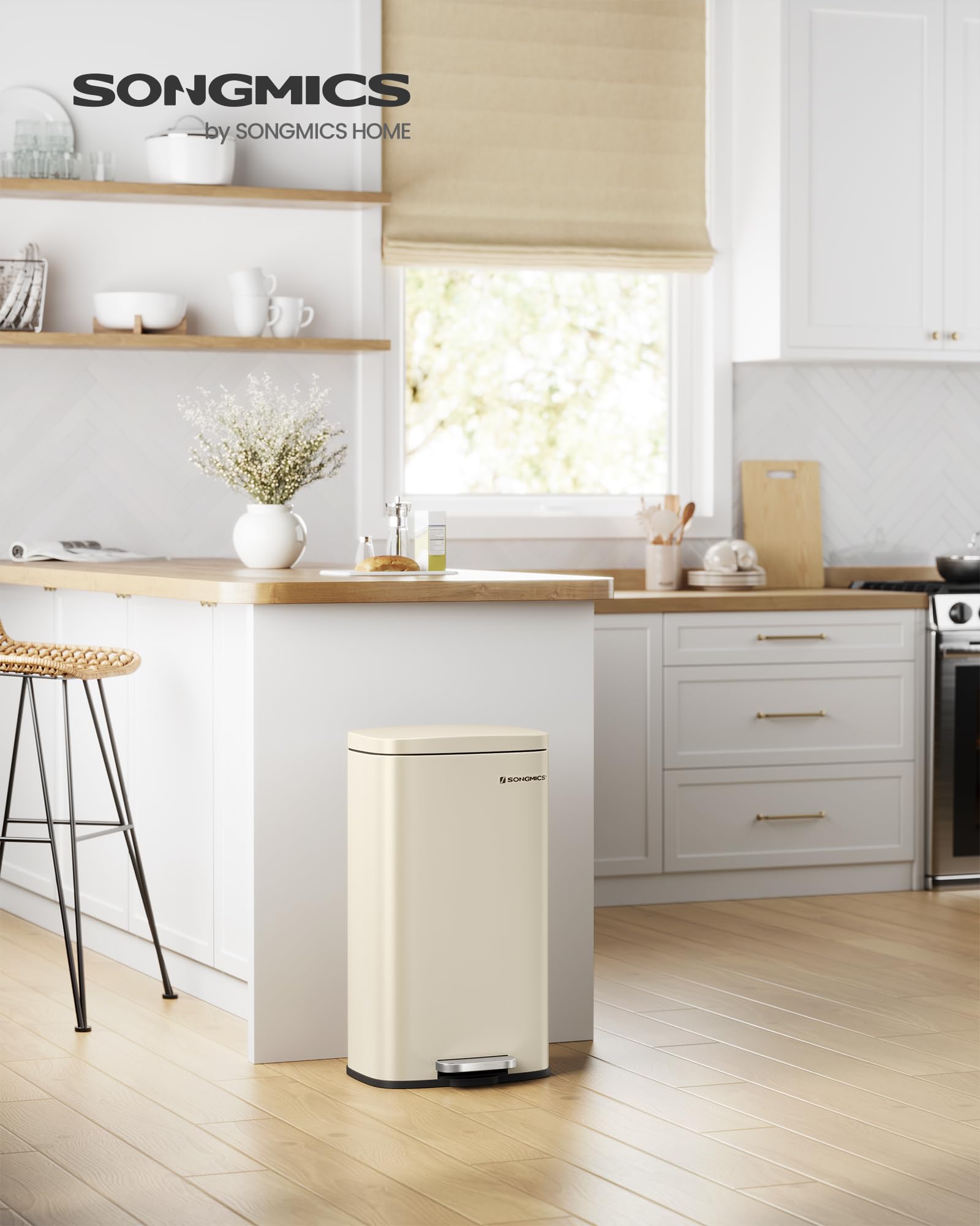 SONGMICS 30 L Kitchen Bin - Soft Close Pedal Operation | Sand Beige Steel