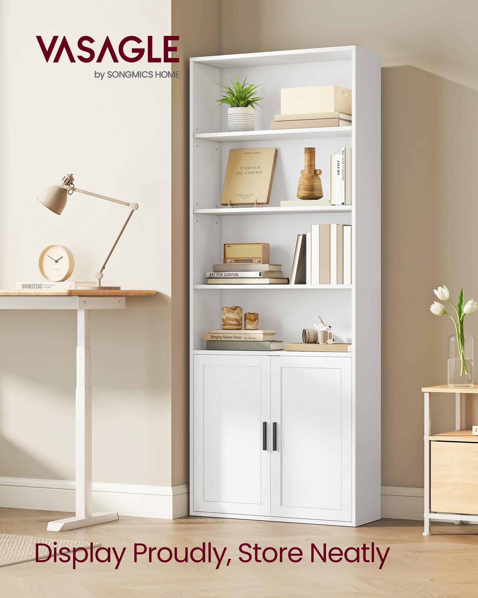 VASAGLE 6-Tier Bookcase with Doors - Cloud White | Adjustable Shelves | 24 x 60 x 175 cm 3