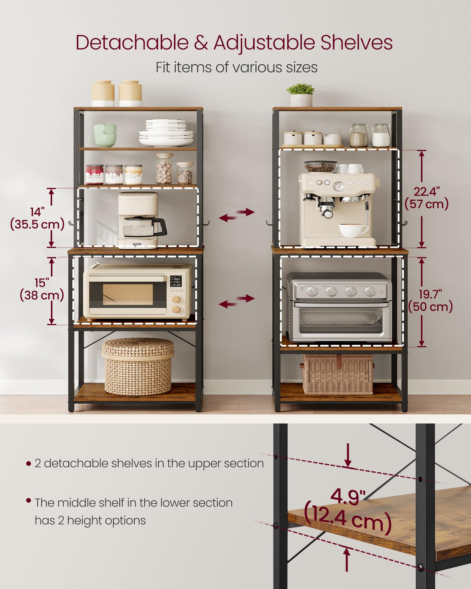 VASAGLE Kitchen Storage Rack - 6 Shelves, 40 x 60 x 167 cm, Rustic Brown + Black 3