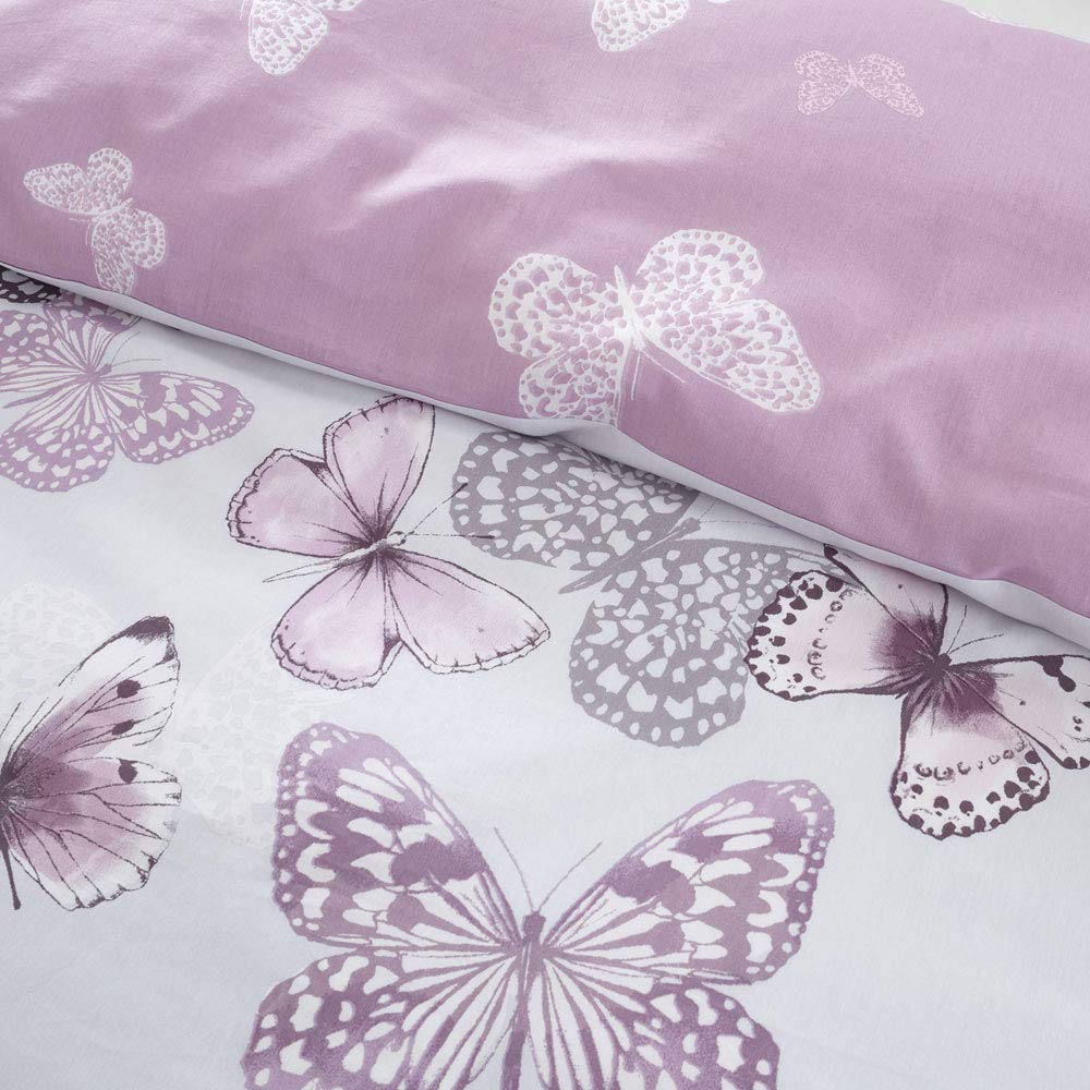 Catherine Lansfield Butterfly Double Duvet Cover Set | Heather/Grey Reversible | Easy Care Cotton Blend 3