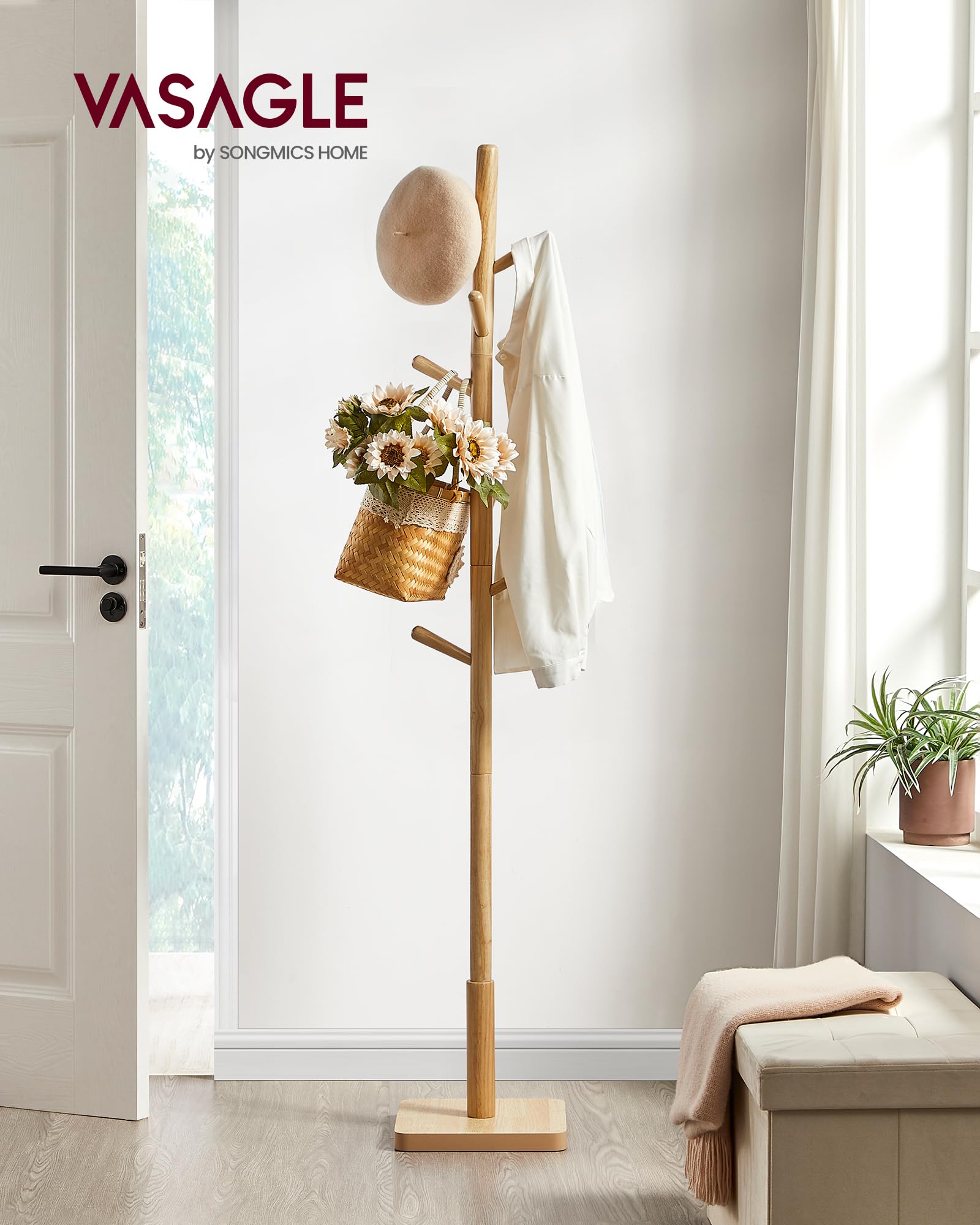 VASAGLE Solid Wood Coat Rack - Freestanding Hall Tree | 3 Height Options | 24 kg Capacity