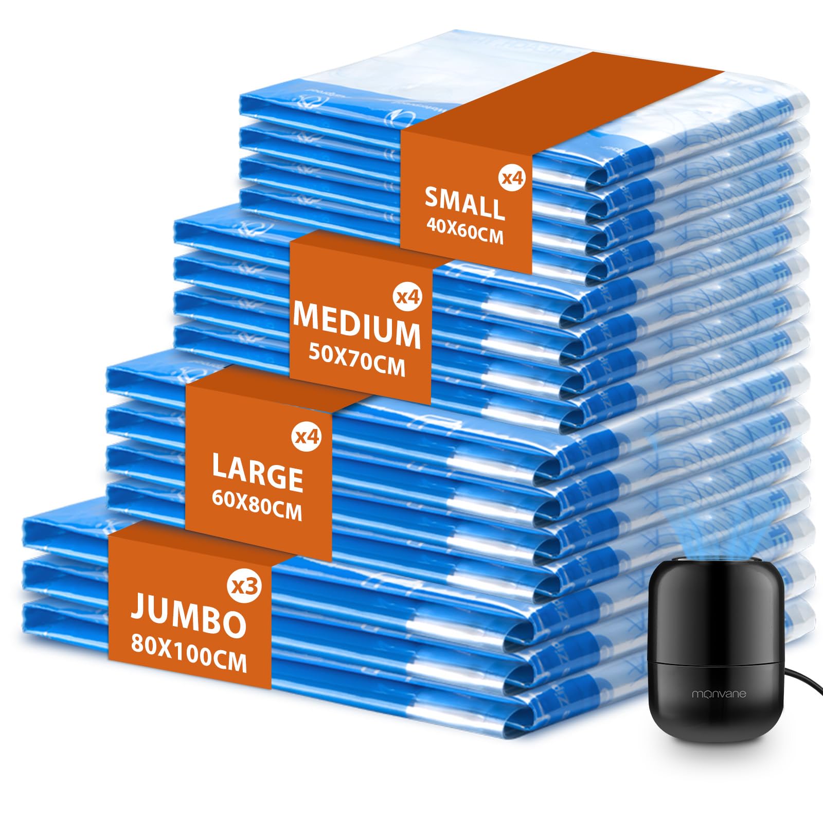 MONVANE Vacuum Compression Space Saver Bags - 15 Pack Reusable Storage with Wired Electric Pump | PA+PE Material 1