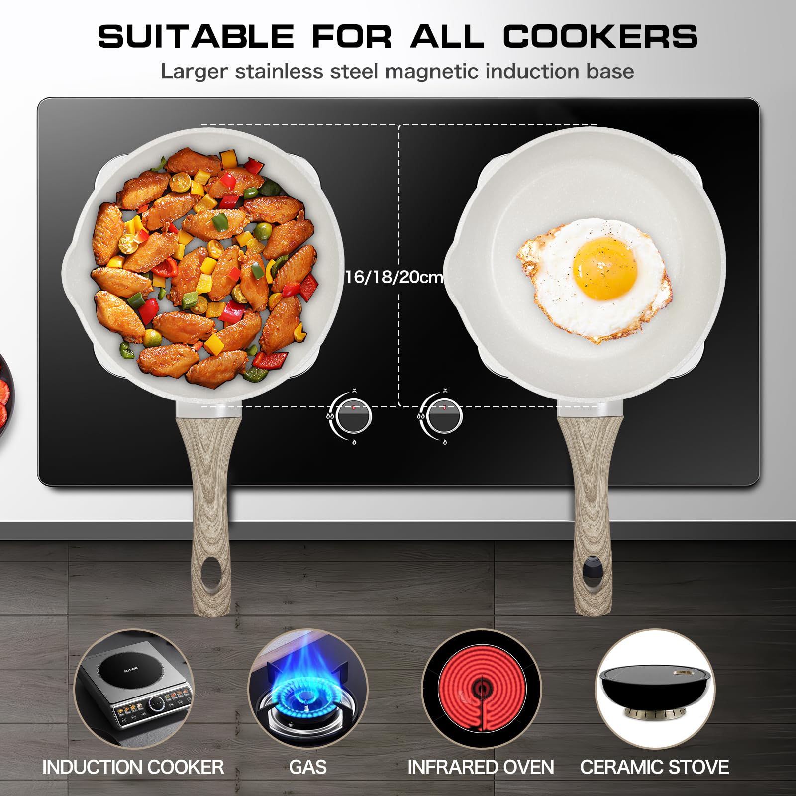 Rainberg Nonstick Granite Saucepan Set with Lid, 3-Piece (16, 18, & 20cm) | Induction Compatible | Beige 6