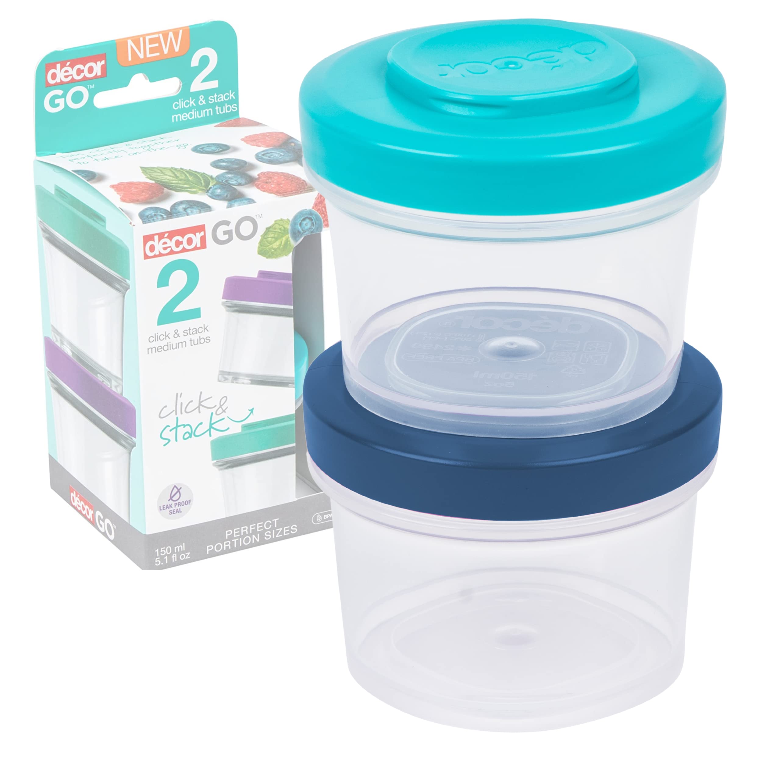 Décor Go Click & Stack Snack Tubs - 2 Pack Leakproof Food Storage | 150ml x 2 | Freezer & Microwave Safe