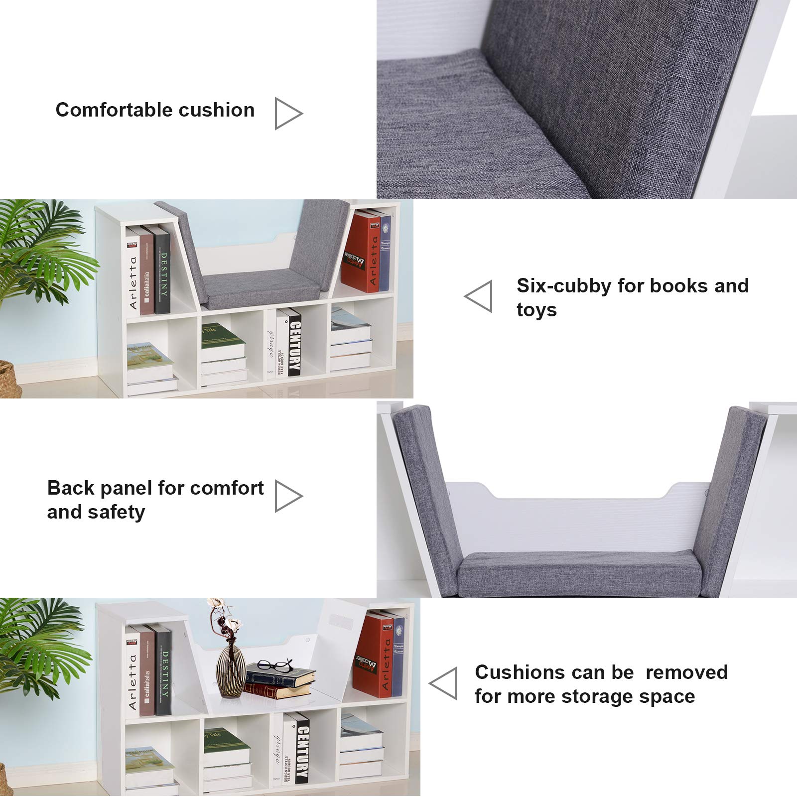 HOMCOM Bookcase Storage Shelf with Cushioned Reading Seat | 6 Cubbies | White Engineered Wood 4