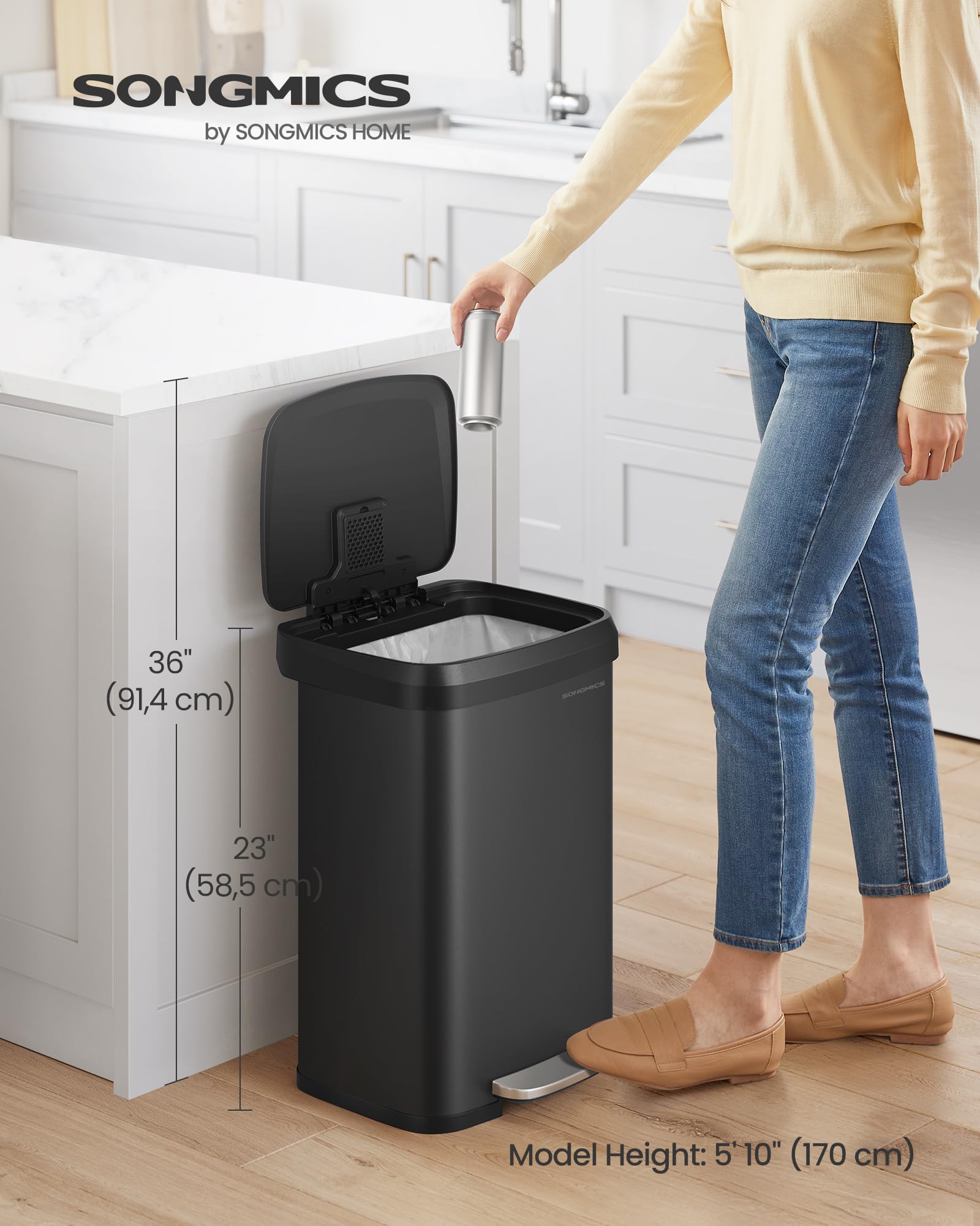 SONGMICS Kitchen Bin - 50L Capacity, Black Metal Pedal Waste Bin | Quiet Close 2