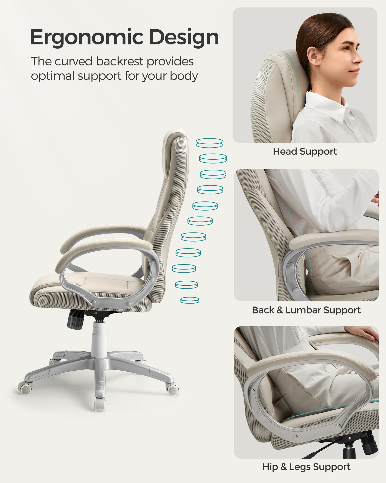 SONGMICS Ergonomic Swivel Desk Chair - Adjustable Height, Silent Castors, Cream White | OBG022W11 5