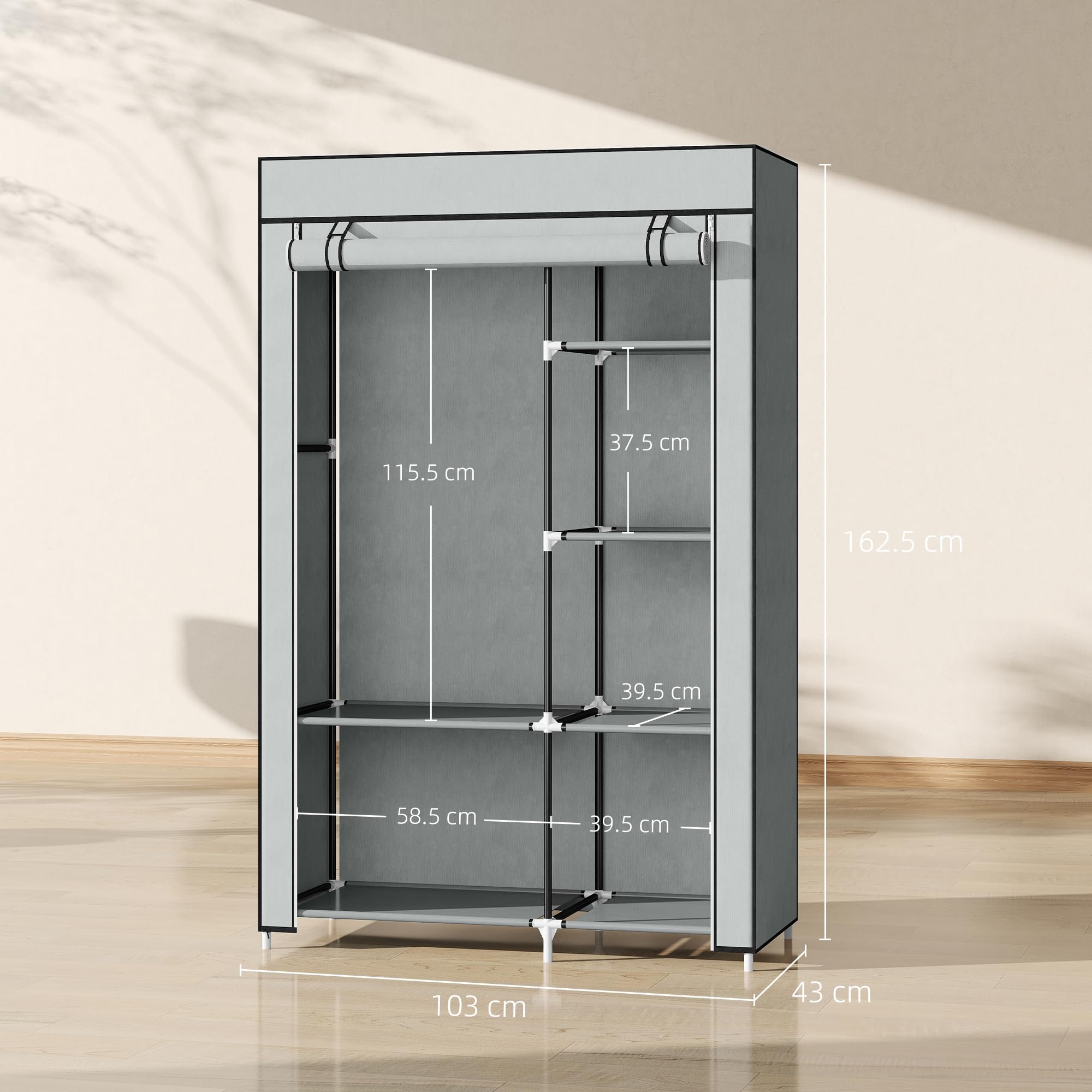 HOMCOM Portable Foldable Closet with 6 Shelves and Hanging Rail | Light Grey | 103W x 43D x 162.5H cm 7