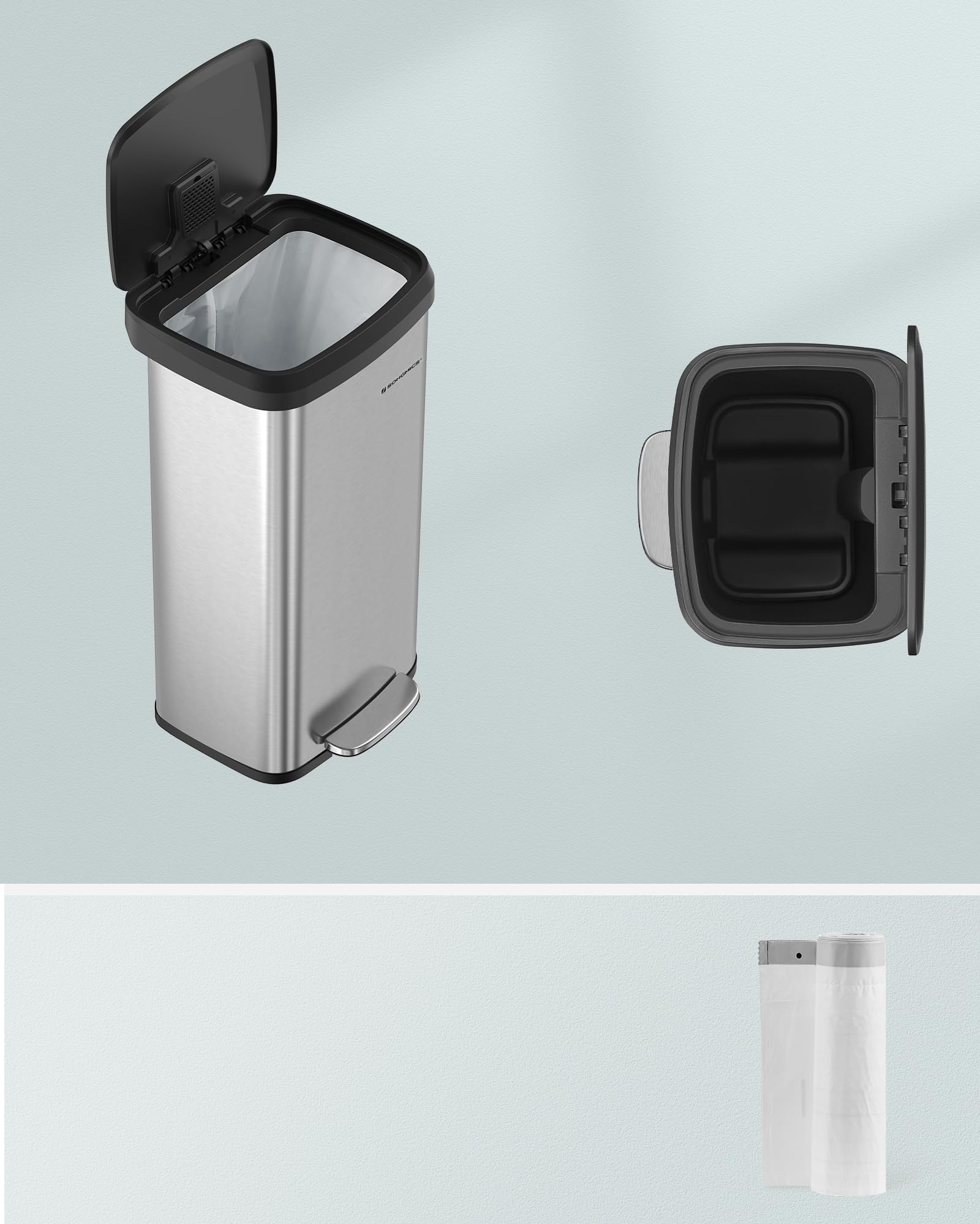 SONGMICS Kitchen Bin - 68L Capacity | Steel Pedal Bin | Silver + Black 3