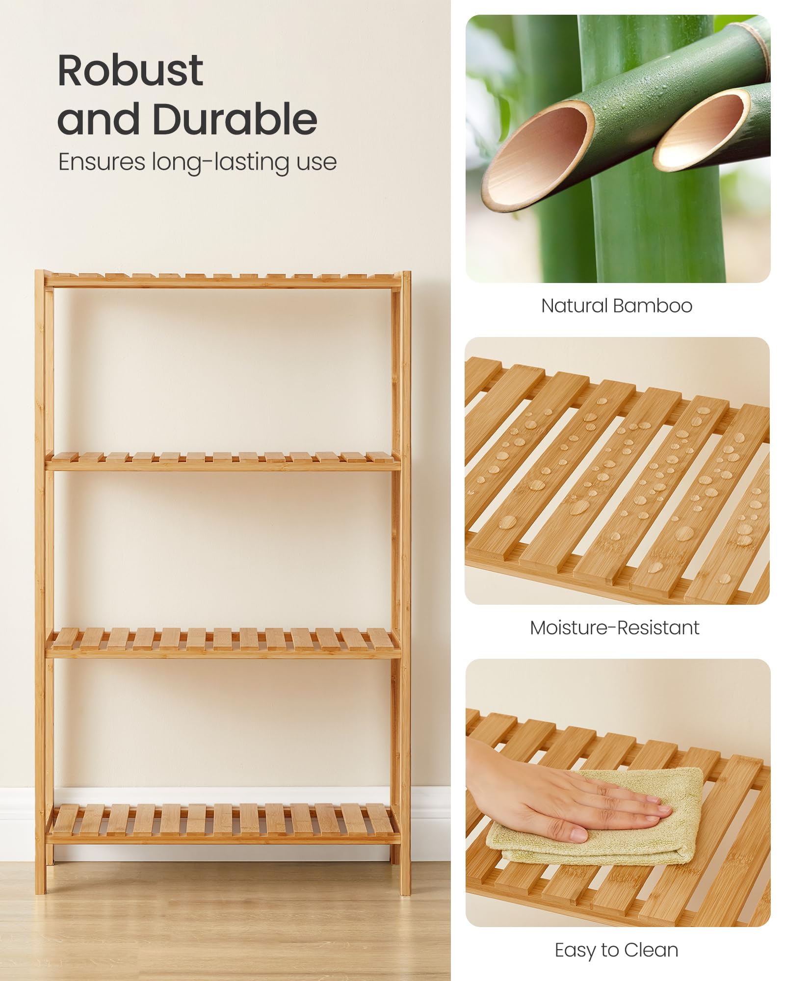 SONGMICS Bamboo Storage Shelf - 4-Tier Freestanding Unit | 60x26x100cm | Max Load 10kg/Shelf 5