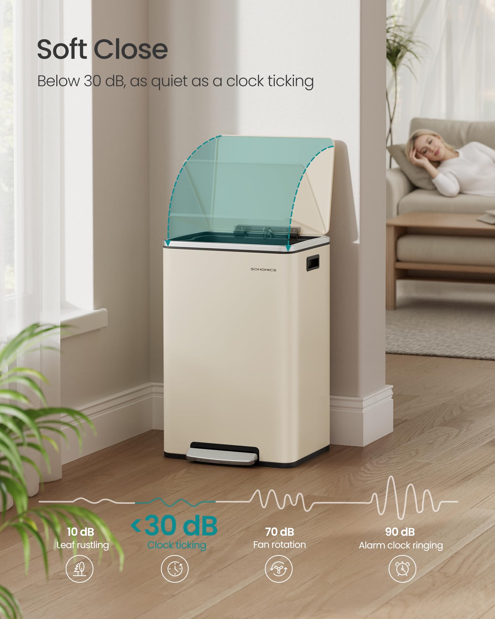 SONGMICS 50 L Kitchen Bin - Steel Construction | Cream Finish | Includes 15 Bin Bags 3