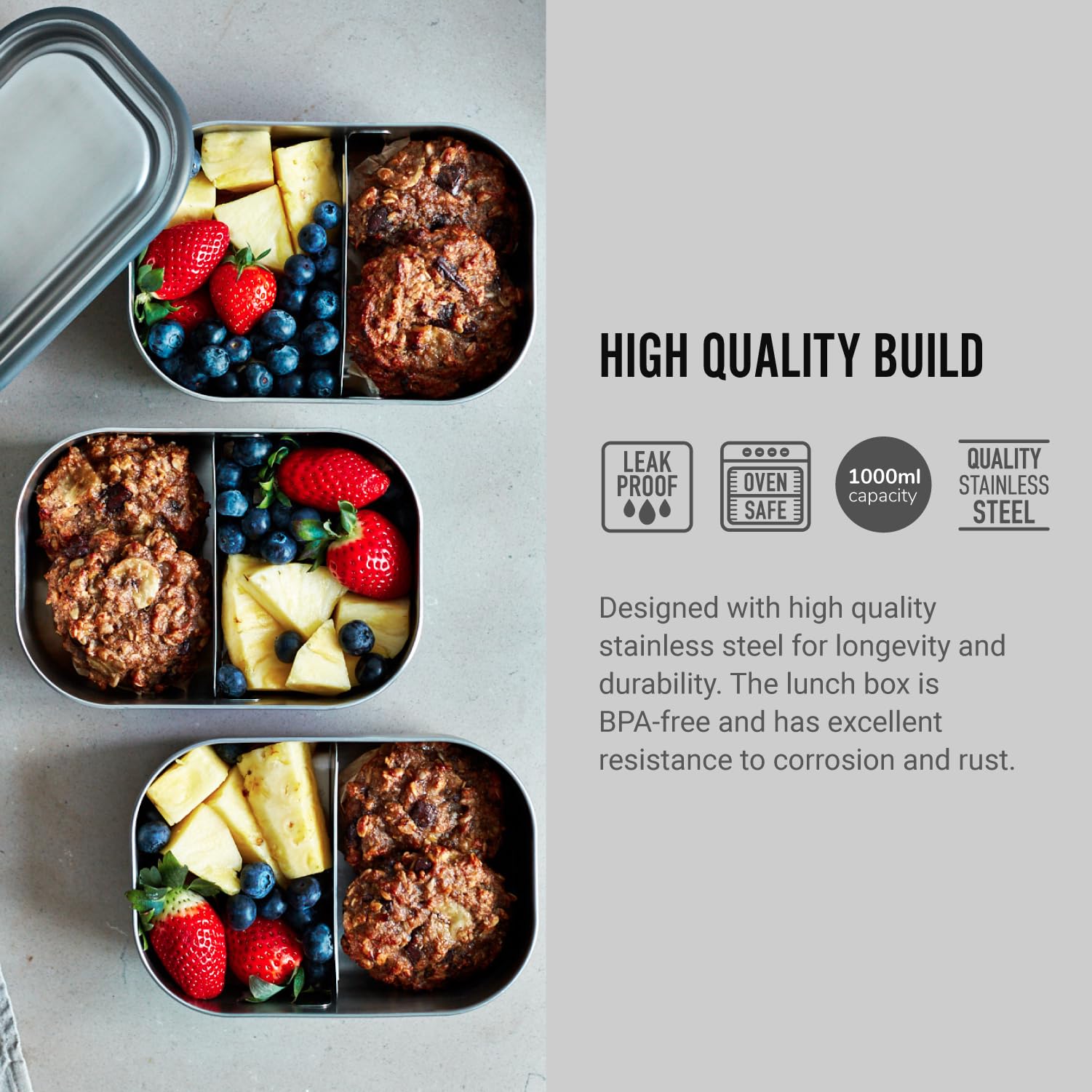 BLACK + BLUM Stainless Steel Lunch Box - Leak Proof 3-in-1 Bento Box with Divider | Olive 3