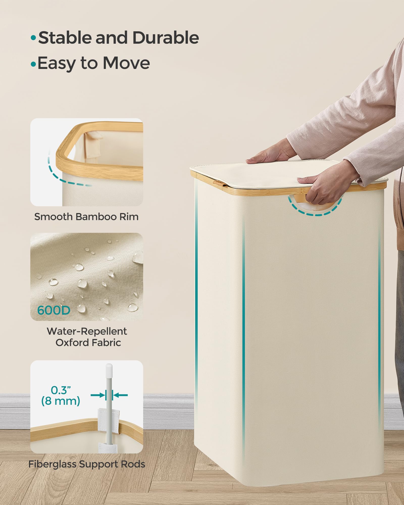 SONGMICS 3-Section Large Laundry Hamper with Lid, 150L Capacity, Collapsible, Cream White 7