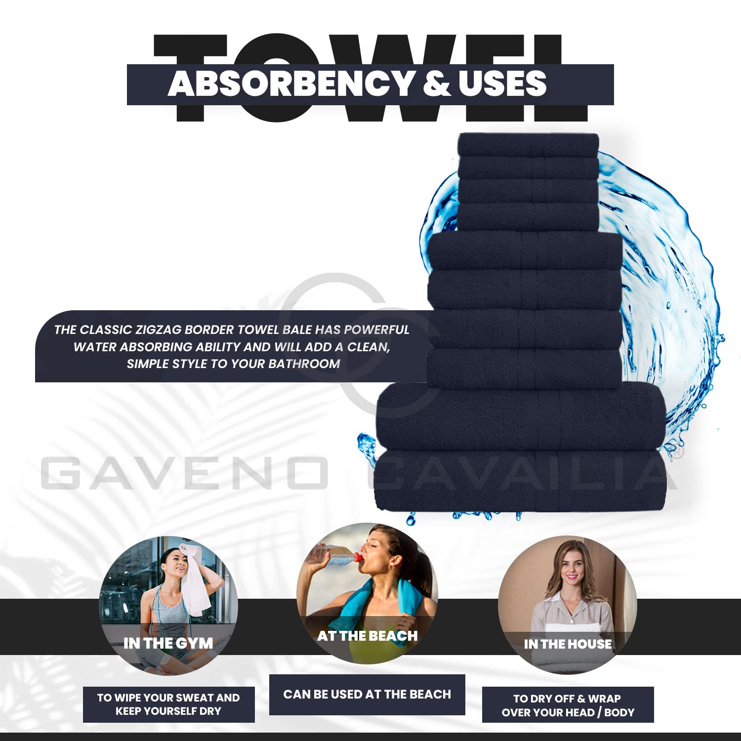 GC GAVENO CAVAILIA 10 Piece Towel Set - 100% Egyptian Cotton, Navy-blue, Super Absorbent 5