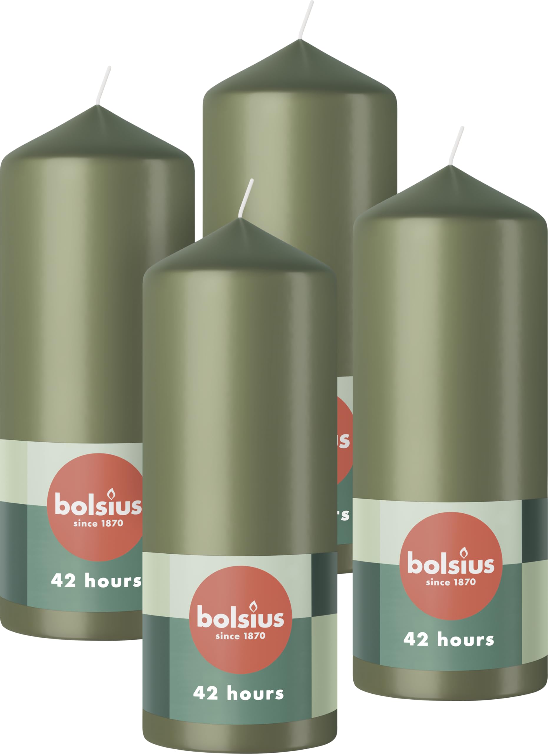 BOLSIUS Pillar Candles - Green - 4-Pack | 15 x 6 cm | 42 Hour Burn Time | Unscented Vegan Wax