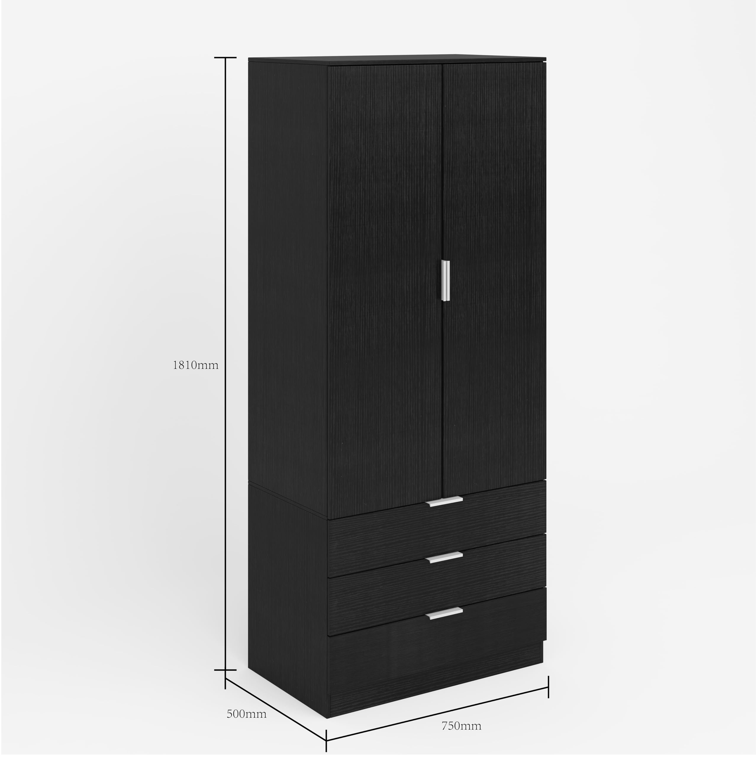 Home Source Phoenix Wardrobe - 2 Doors, 3 Drawers | Black | 181cm H x 75cm W x 50cm D 2