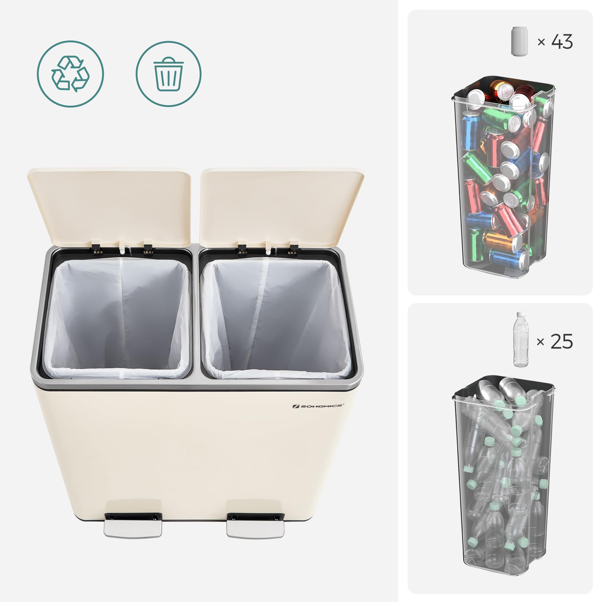 SONGMICS Dual Recycling Bin - 2 Compartments, 2 x 30L Capacity, Cream | Soft Close Pedal | Steel 5