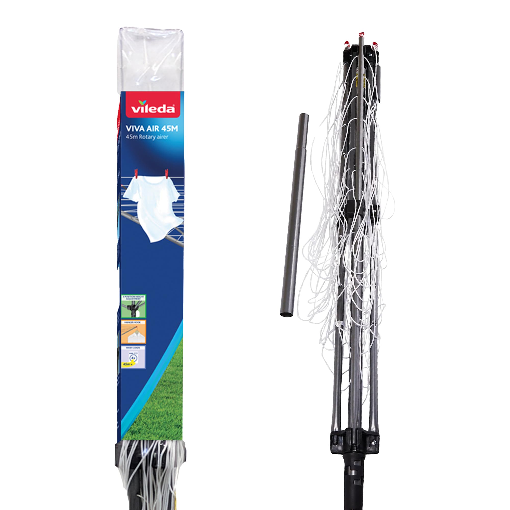 Vileda 4 Arm Rotary Dryer - 45m Line Space | 3-Position Height Adjustment | Carbon Steel 7