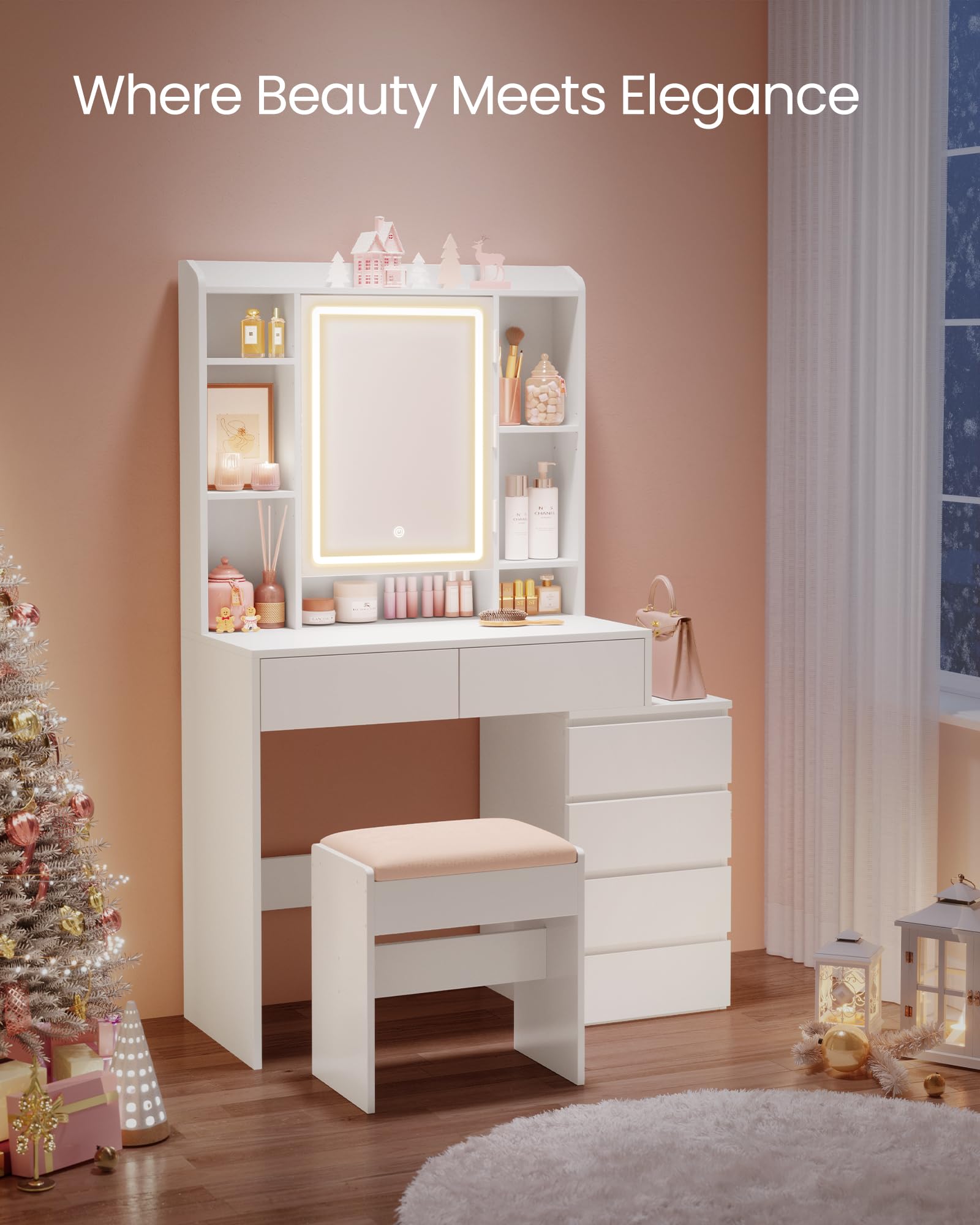 VASAGLE KAILYN Collection Dressing Table with LED Lights | Cloud White | 97.5D cm 8