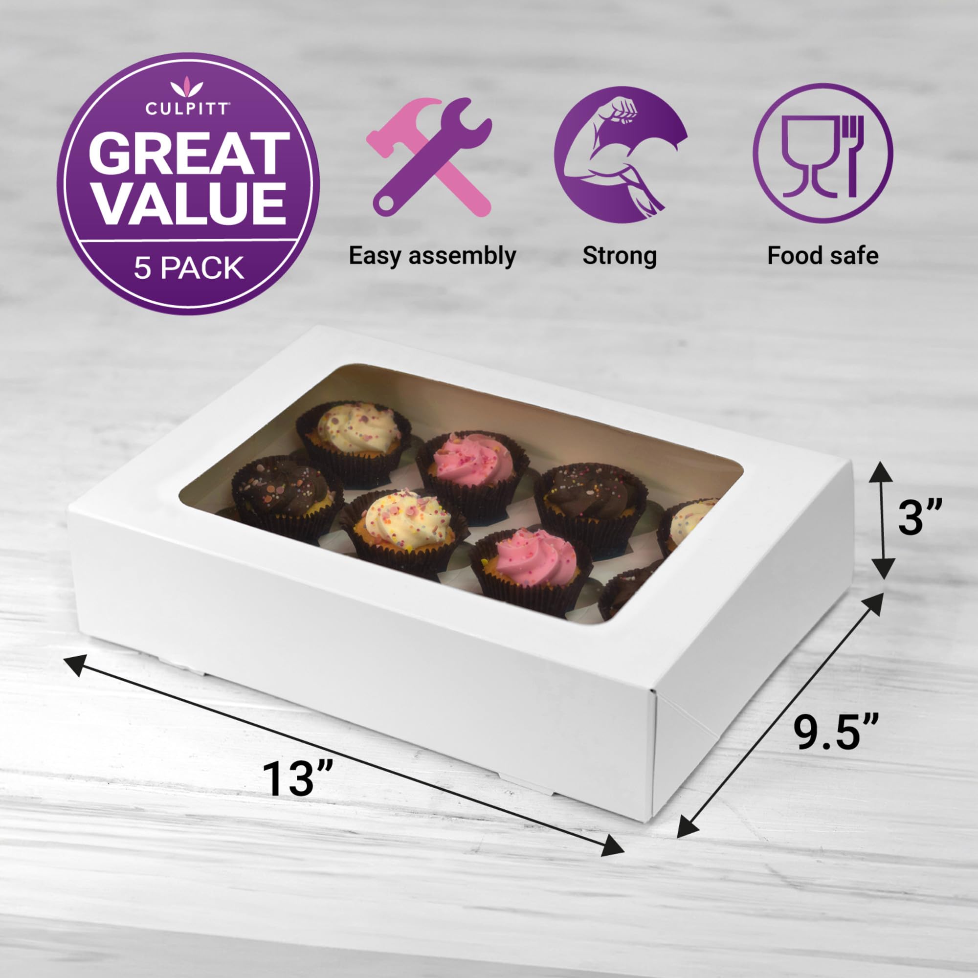 Culpitt 12 Hole Cupcake Boxes - 5 Pack White Card Carrier with Clear Window | Sturdy Design 2