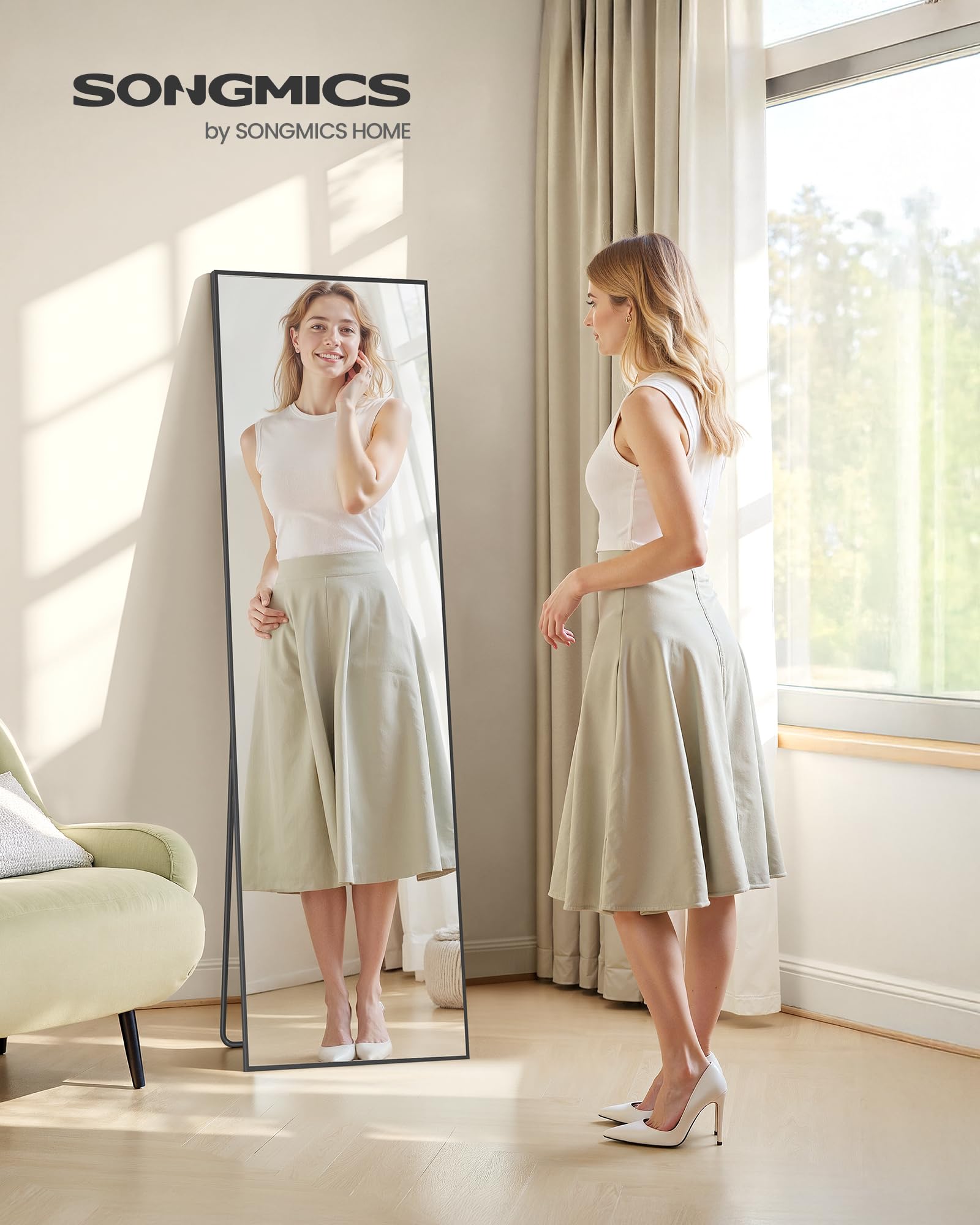SONGMICS Full Length Floor Mirror - 160x50 cm | Freestanding or Wall-Mount | Matte Black Aluminium Frame 2