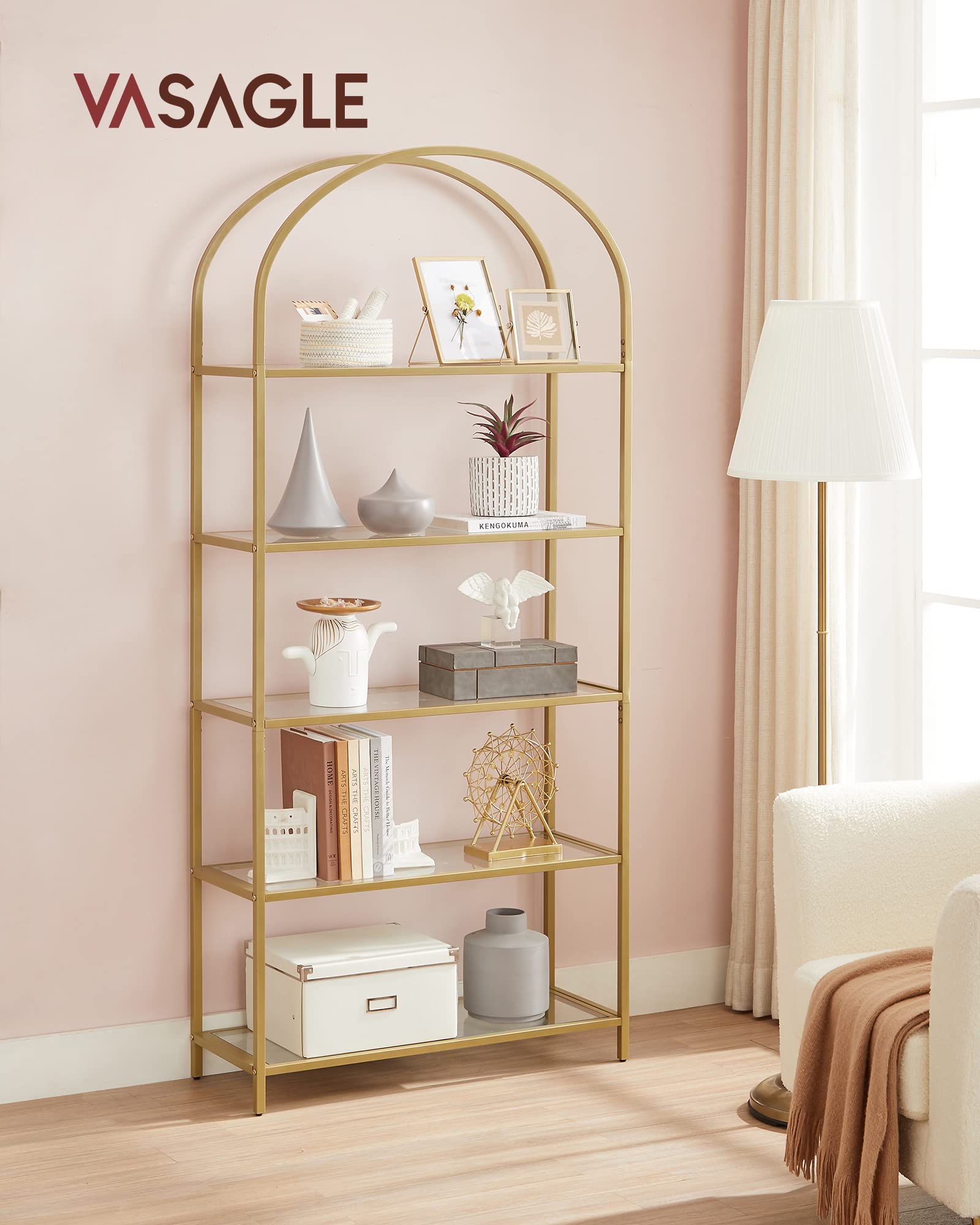 VASAGLE 5 Tier Shelving Unit - Tempered Glass Shelves | Gold Steel Frame | 83W cm 4