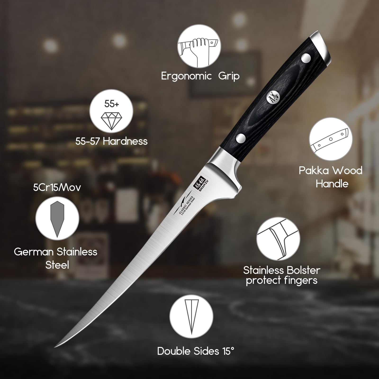 SHAN ZU 7 Inch Filleting Knife - Flexible Boning Knife with German Stainless Steel Blade | Lightweight 3
