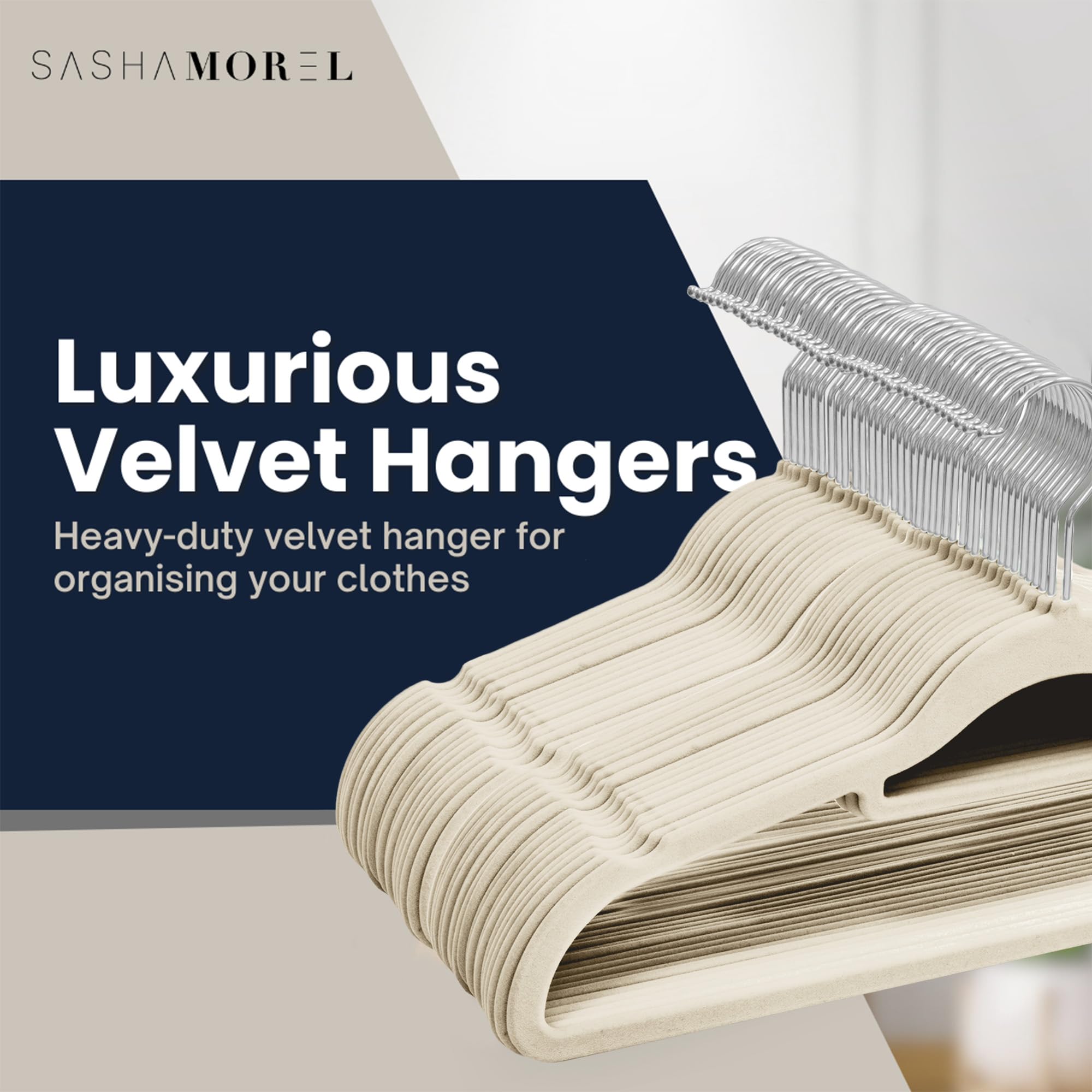 Sasha Morel Velvet Hangers - 50 Pack Non-Slip Space Saving with 360° Swivel Hooks | Cream 2