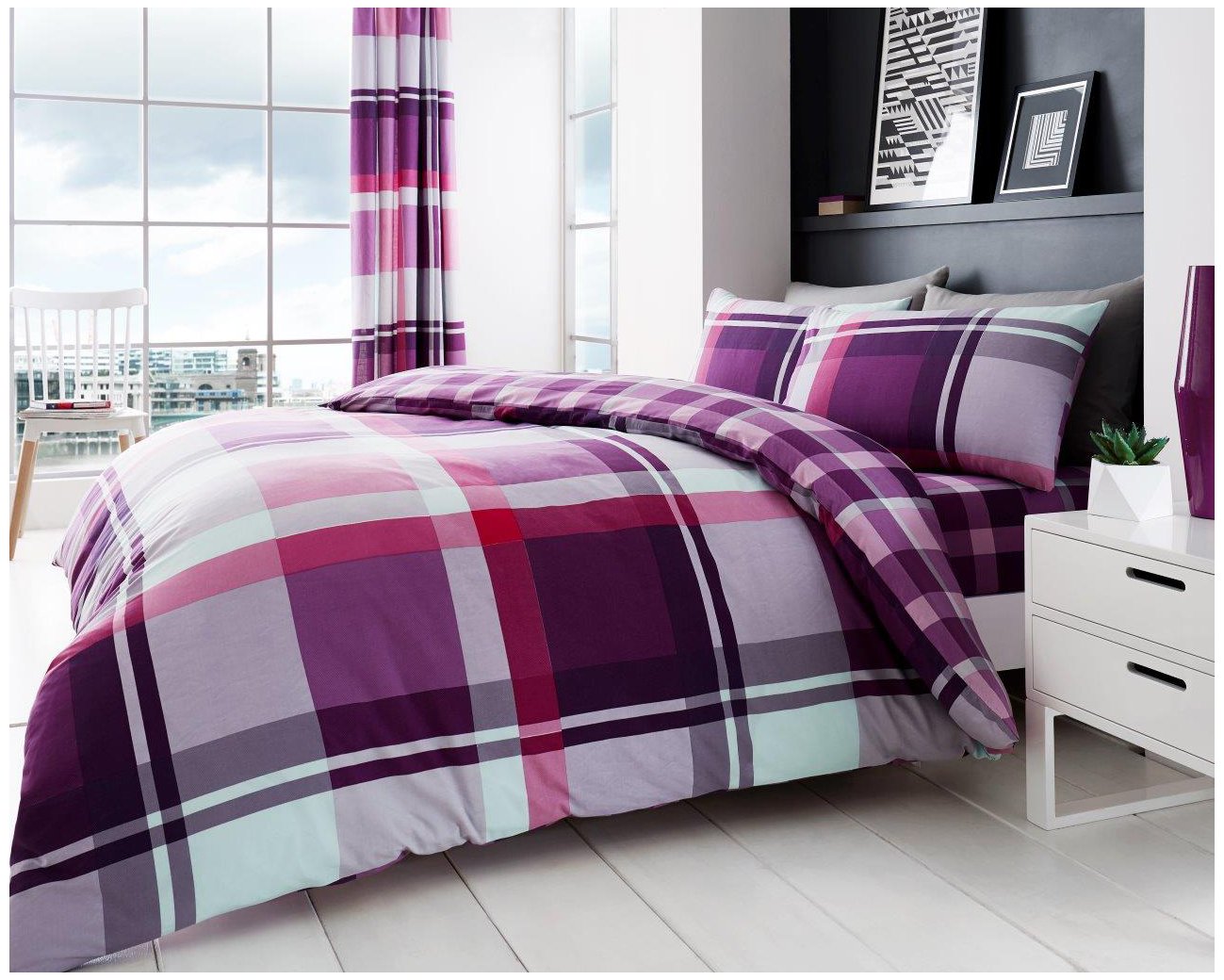 GC GAVENO CAVAILIA Checkered Polycotton Duvet Cover Set | Double Size | Purple | 50% Cotton/50% Polyester 1