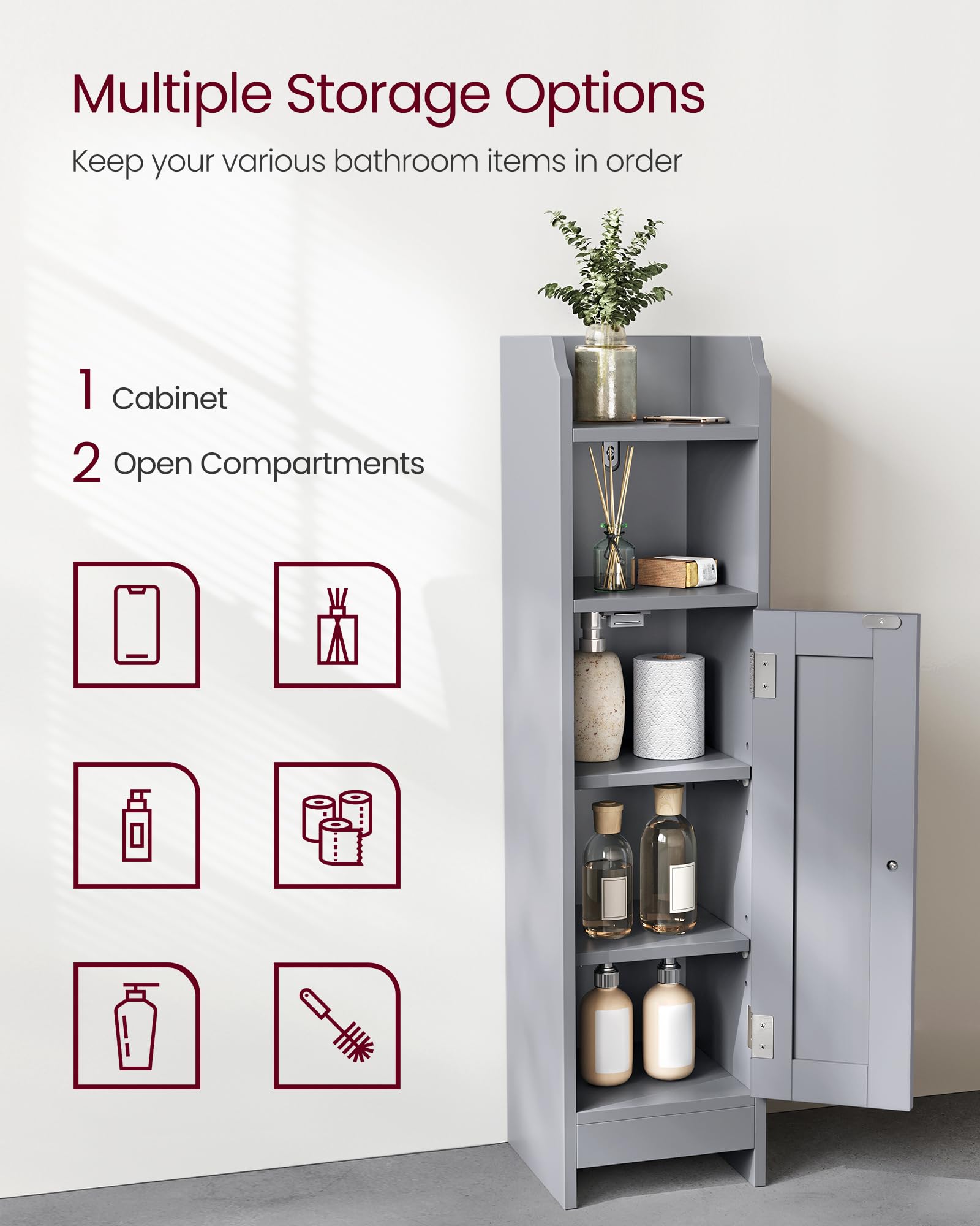 VASAGLE Slim Bathroom Floor Storage Cabinet | Dove Grey | 80H cm | Adjustable Shelves 4