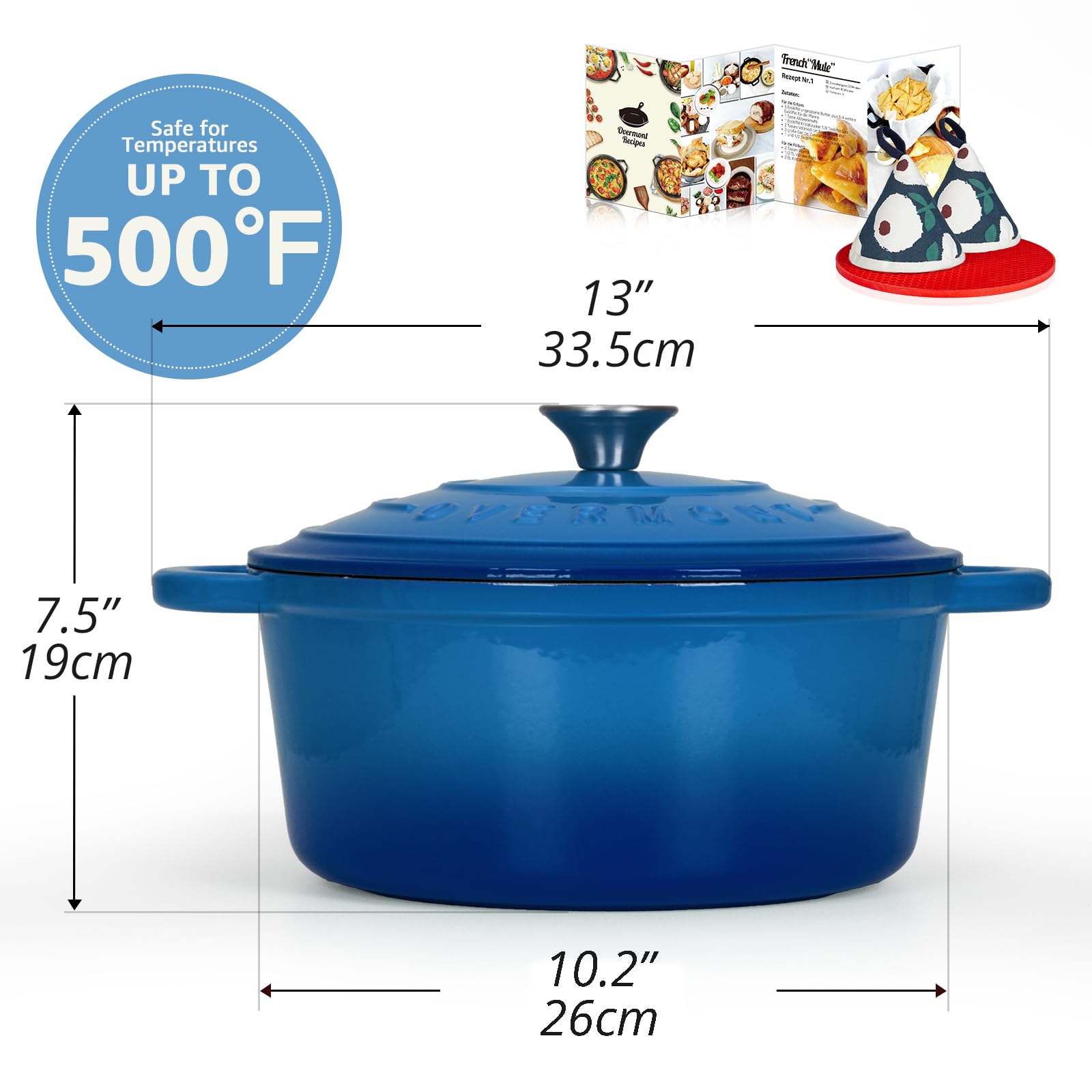 OVERMONT 26cm/5.2L Enamelled Cast Iron Round Casserole Dish with Lid | 5.5 Quart | Sapphire Blue 2