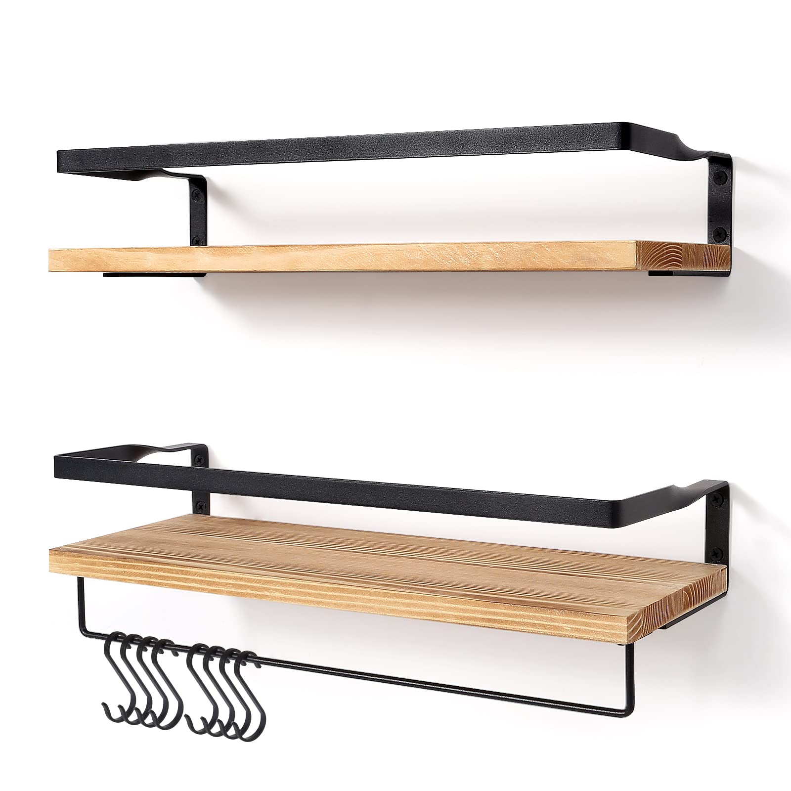 AGM Floating Shelves Wall Mounted Set of 2 Wooden Shelves for Kitchen/Bathroom Storage with Towel Bar & 8 S Hooks | Max Load 33lbs