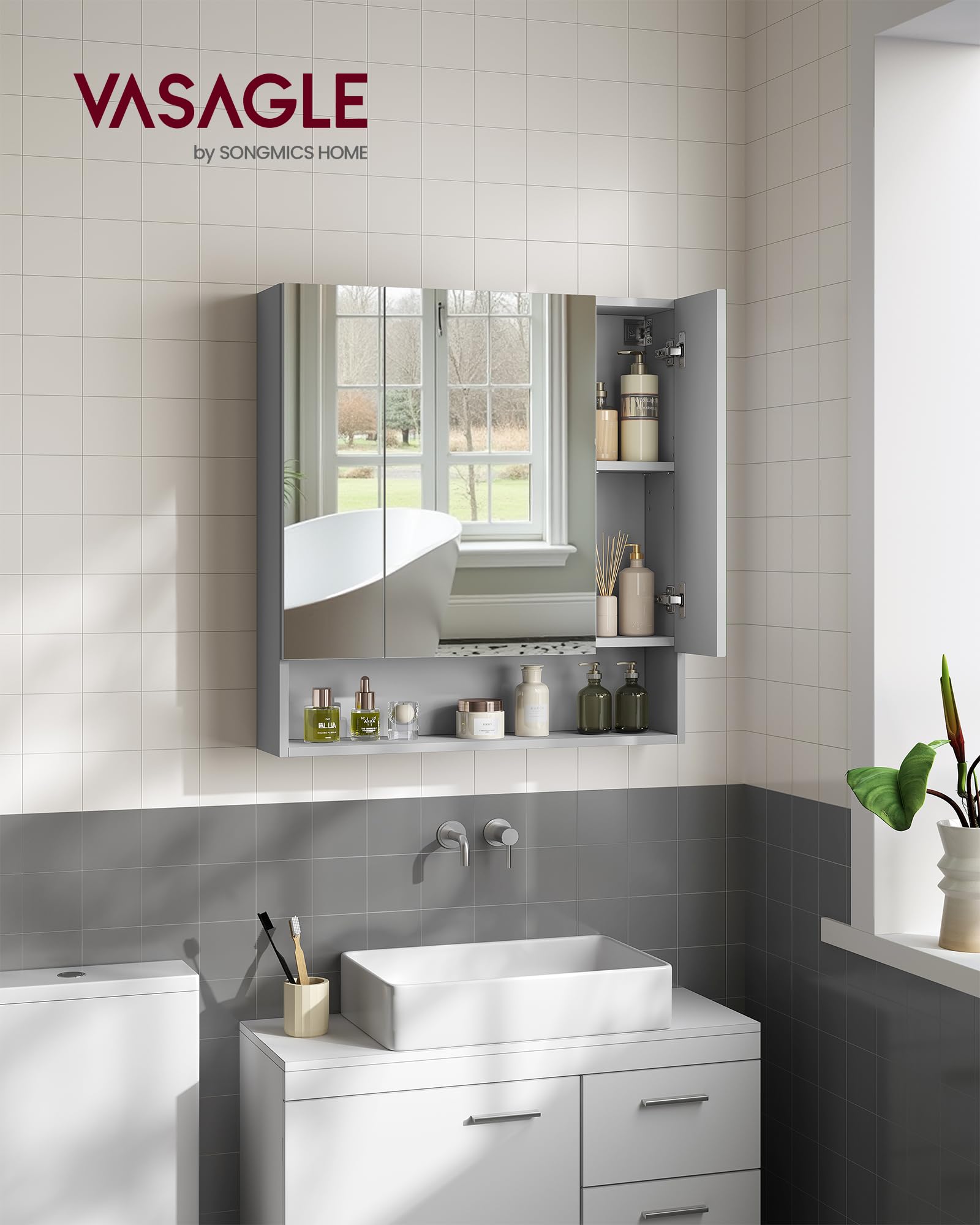 VASAGLE KAILYN Bathroom Mirror Cabinet - Dove Grey | 70W cm | Adjustable Shelves 2
