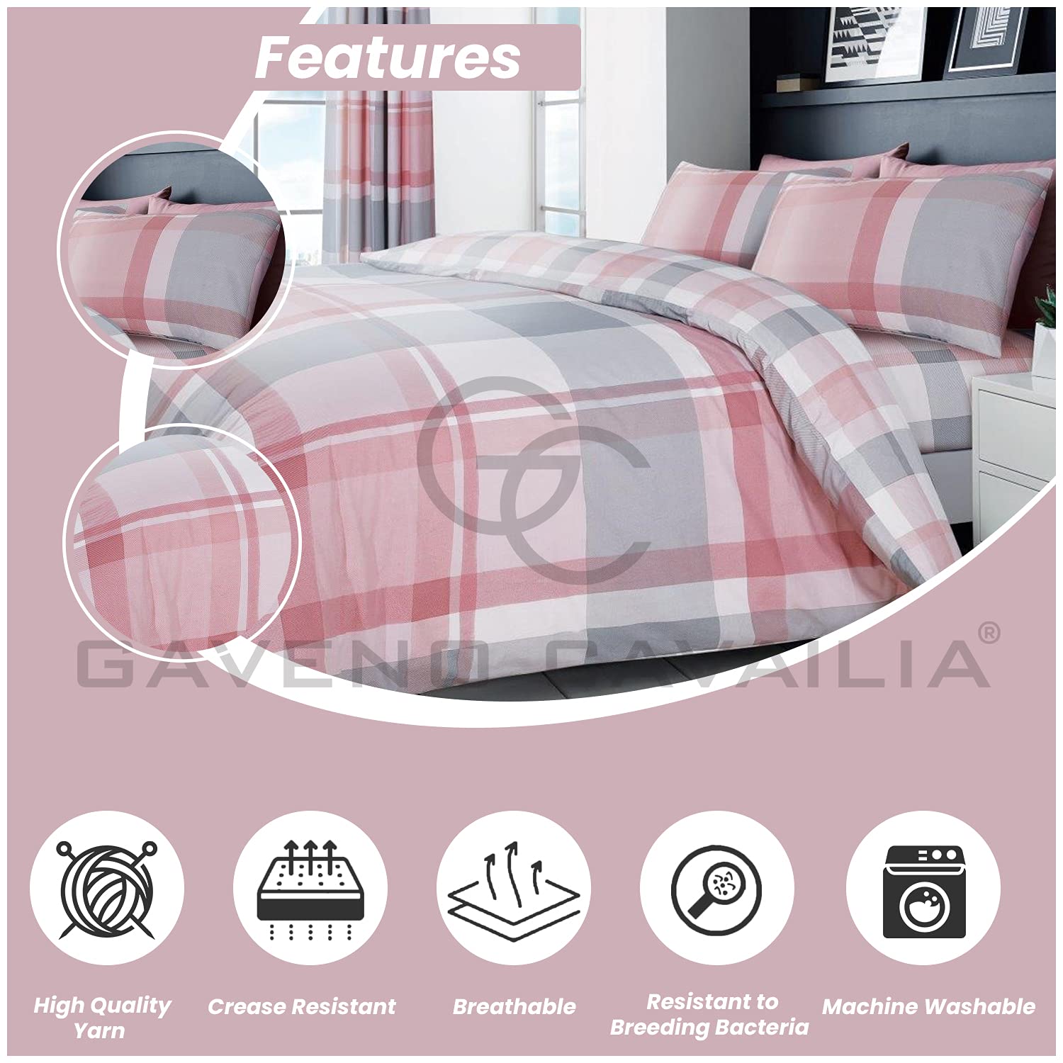 GC GAVENO CAVAILIA Easy Care Check Style King Duvet Cover Set with Pillowcases | Blush Pink | 50% Cotton/50% Poly 3