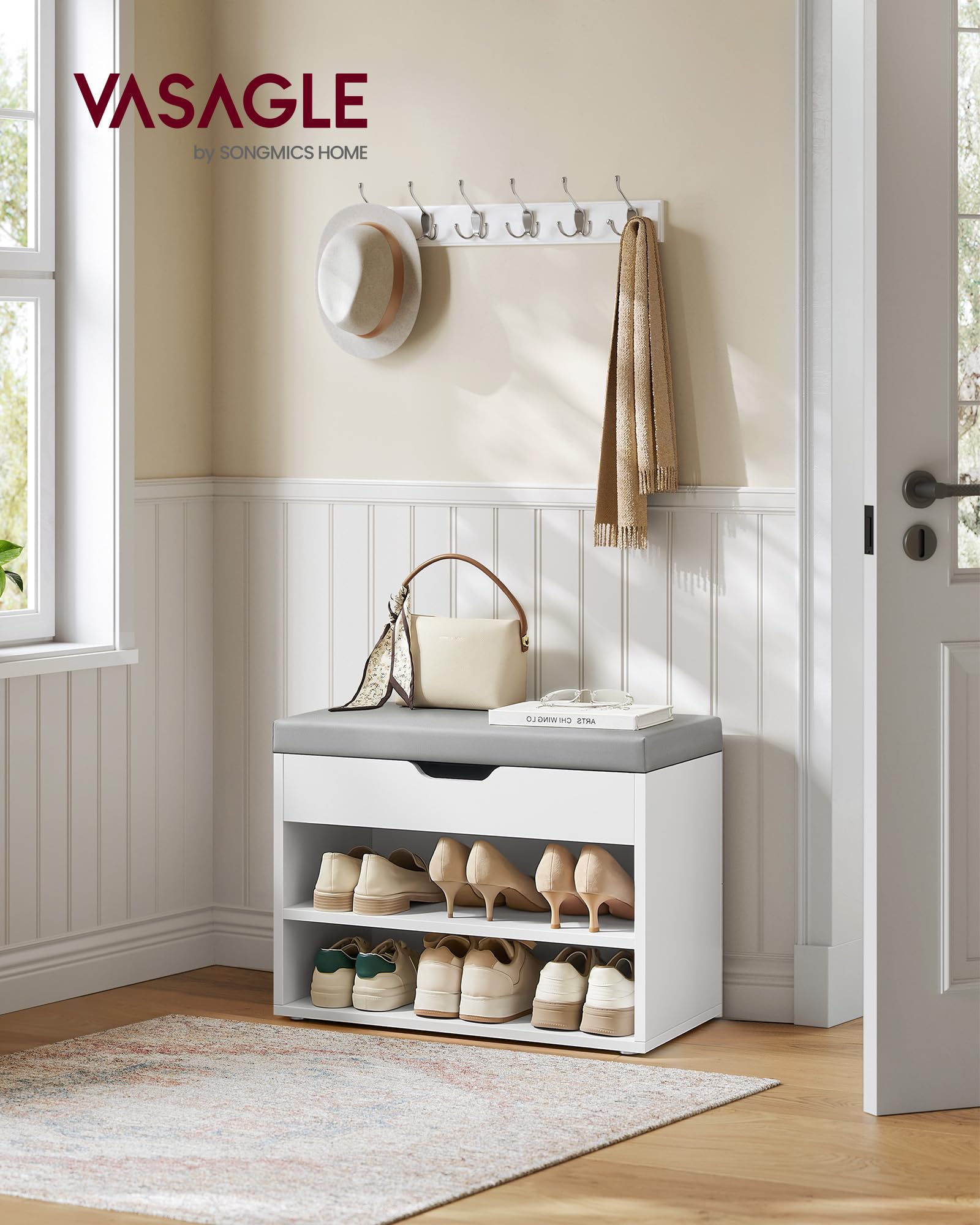 VASAGLE Shoe Storage Bench with Padded Seat | 30D x 60W x 44H cm | Supports 136 kg