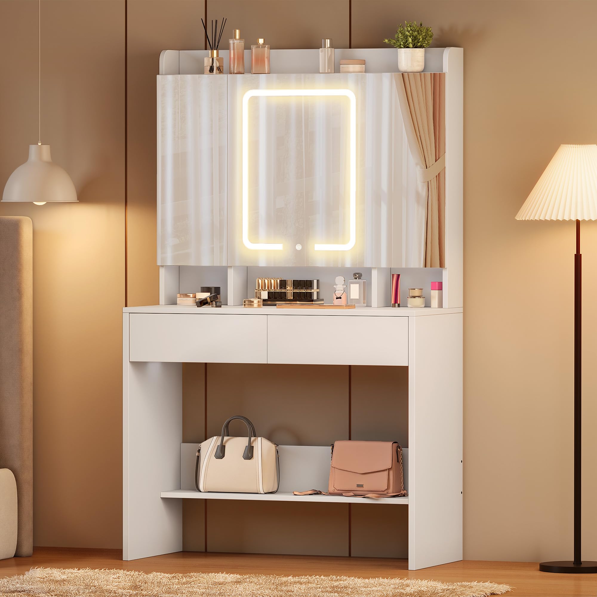 YITAHOME Dressing Table with Tri-Fold Mirror & LED Lights | White | 90 x 145 x 40 cm 9