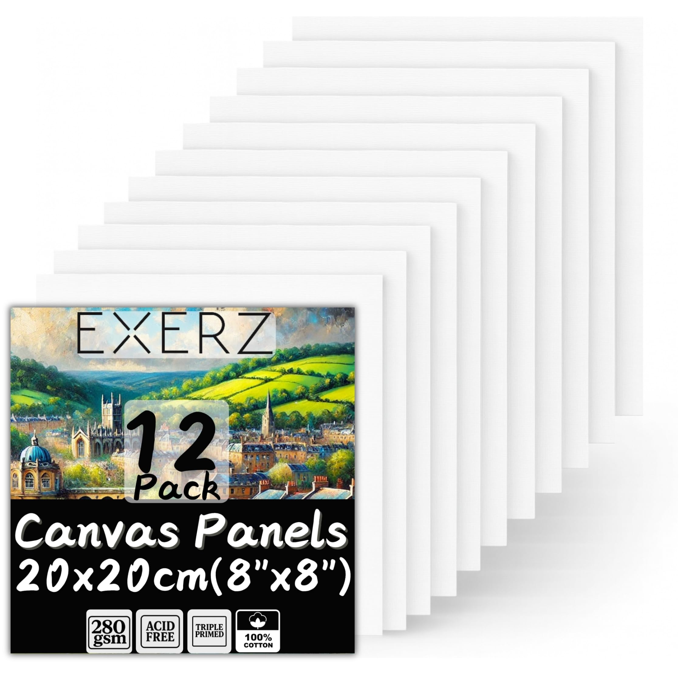 EXERZ Canvas Panels - 12 Pack, 20x20cm Square, 100% Cotton, Triple Primed Gesso 1