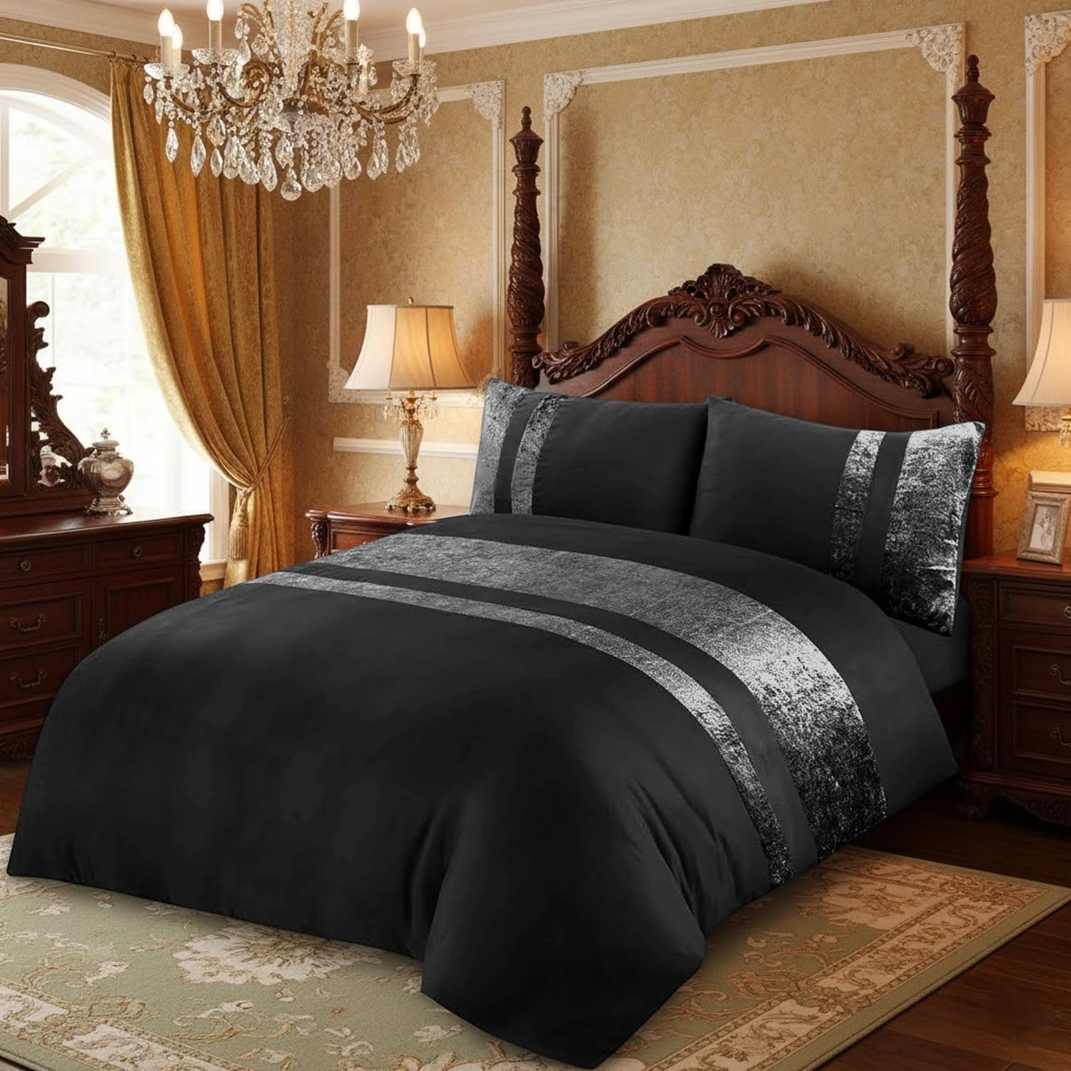 Casabella Luxury Crushed Velvet Panel Band Duvet Cover Set - King Size, Black | 3 Pieces 6