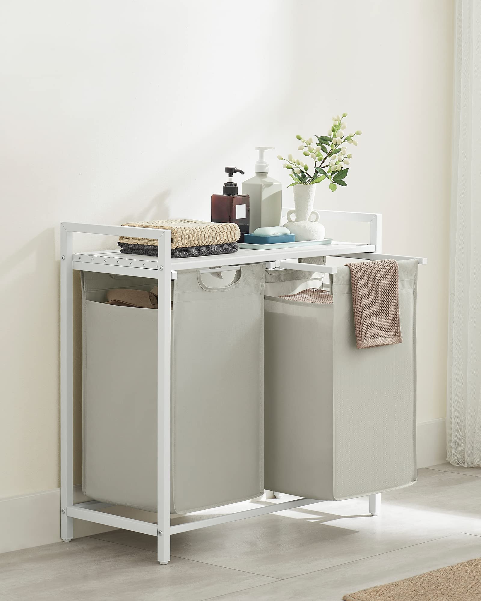 VASAGLE 2-Compartment Laundry Basket Hamper with Pull-Out Liners and Storage Shelf | 92 L Capacity 3