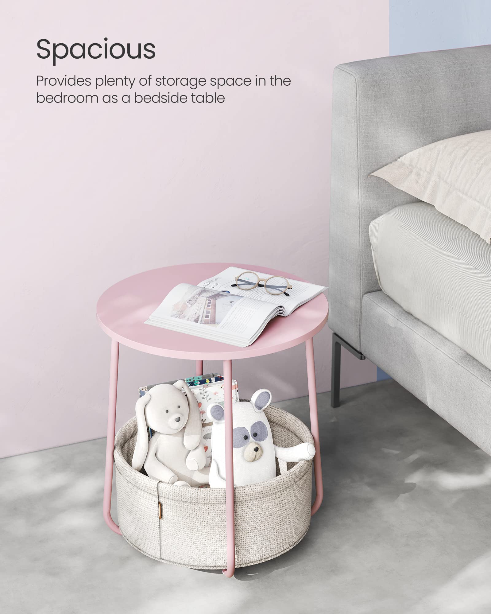 VASAGLE Round End Table with Fabric Basket - Pastel Pink & Cloud White | 45 x 50 cm 4