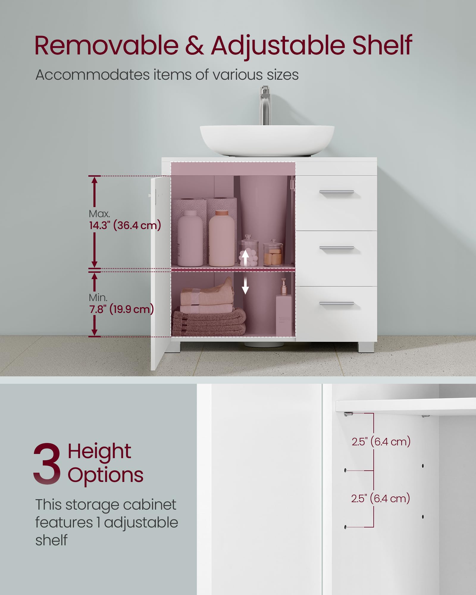 VASAGLE Under Sink Bathroom Cabinet - Cloud White | 3 Drawers | Adjustable Shelf | MDF/Particleboard 4