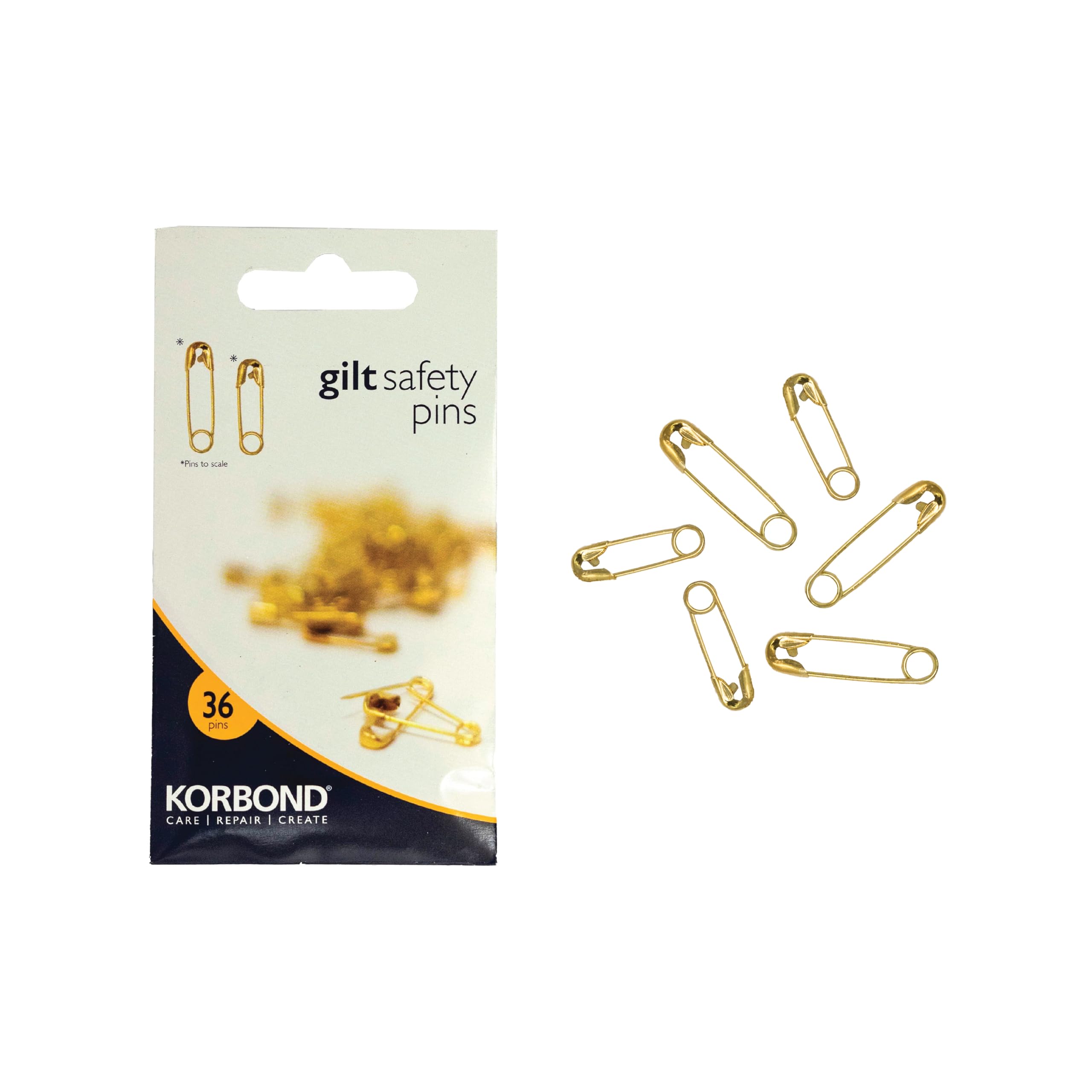 KORBOND Safety Pins - 36 Pack Gilt Assorted Sizes for Light Fabrics | Hardened Steel 1