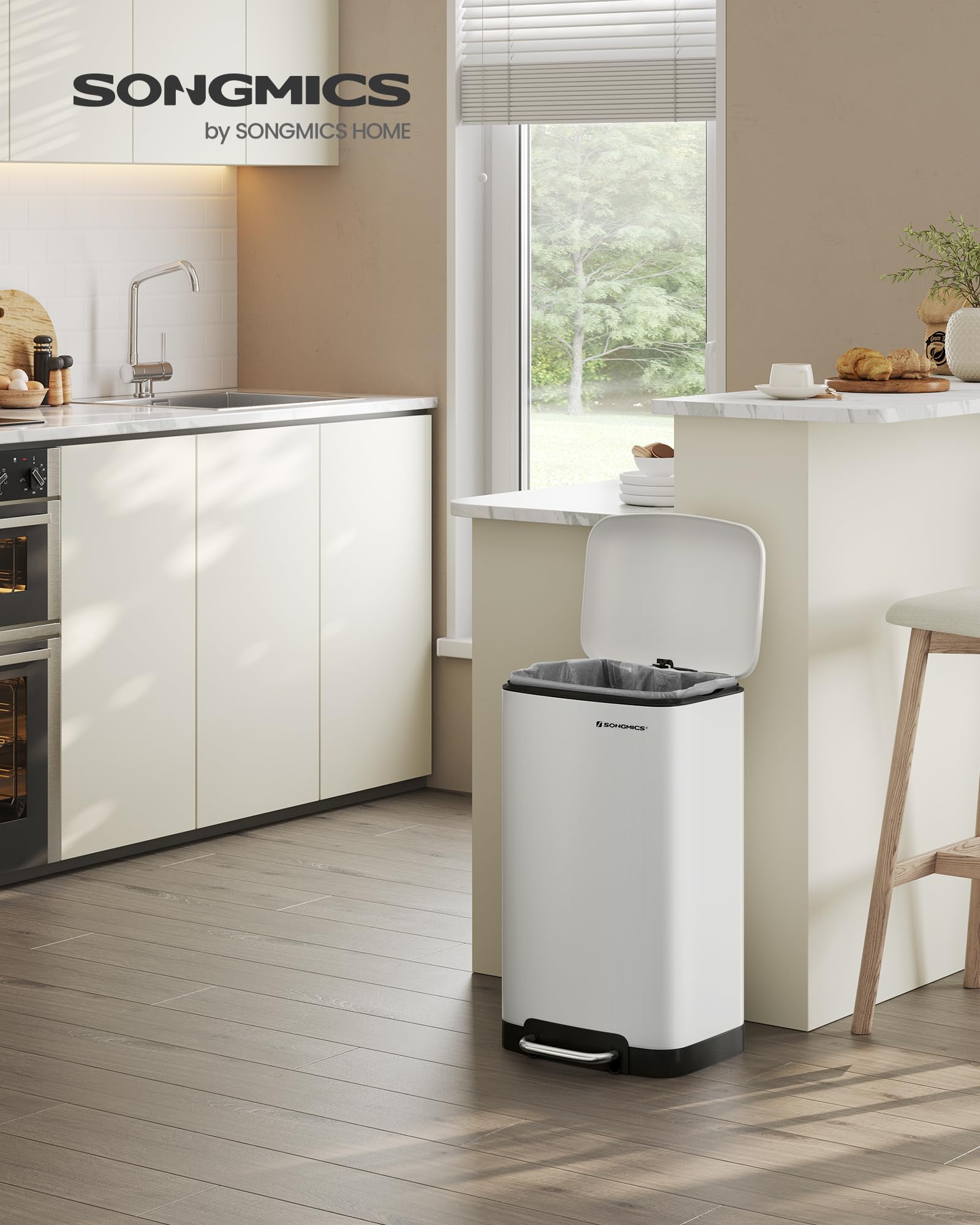 SONGMICS Kitchen Bin - 30L Capacity | Steel Pedal Bin with Soft Close Lid | White 2