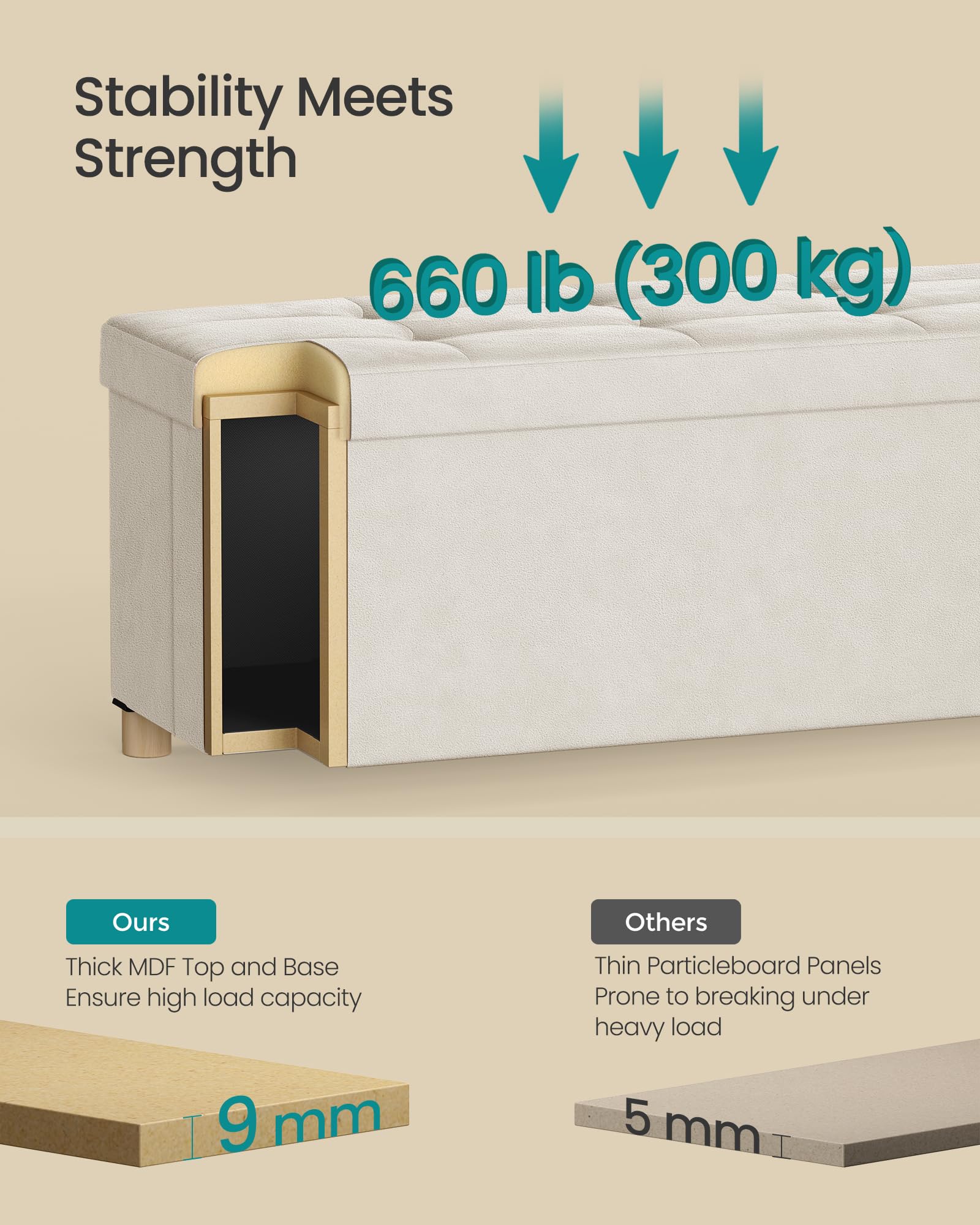 SONGMICS Storage Ottoman - 112L Capacity, Velvet Surface, 300 kg Load | Cappuccino Beige 5