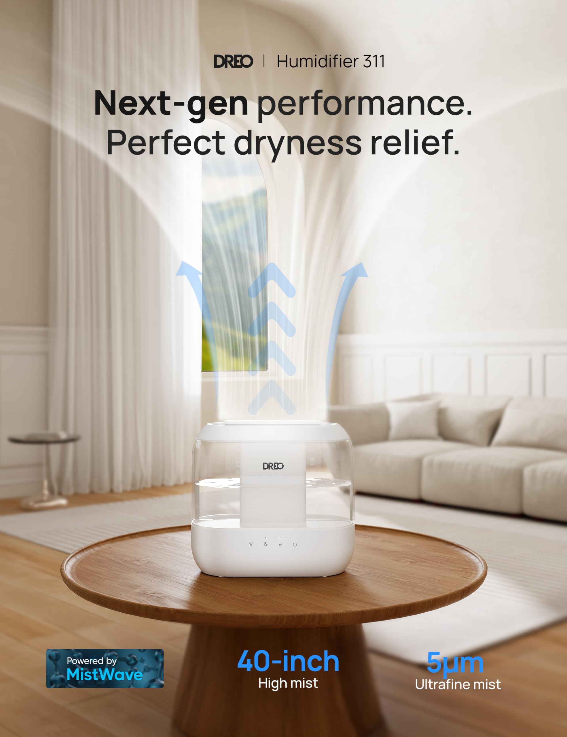 Dreo 4L Cool Mist Humidifier for Bedroom Baby | 36H Runtime | 28dB Quiet Operation | Top-Fill 3