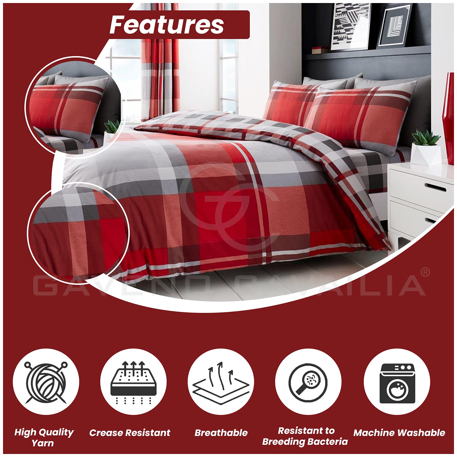 GC GAVENO CAVAILIA Geometric Check Reversible Duvet Cover Set, King Size, Red 3