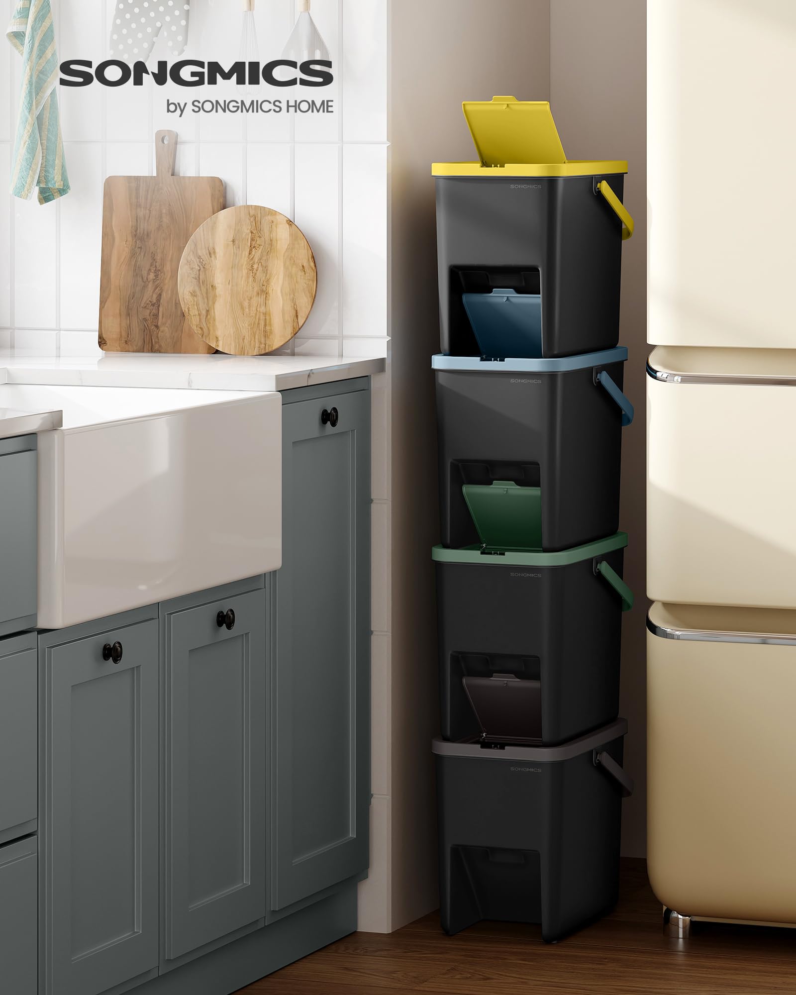 SONGMICS Waste Separation System - 4 Stackable 20L Bins, Color-Coded, Press-to-Open Lids 2